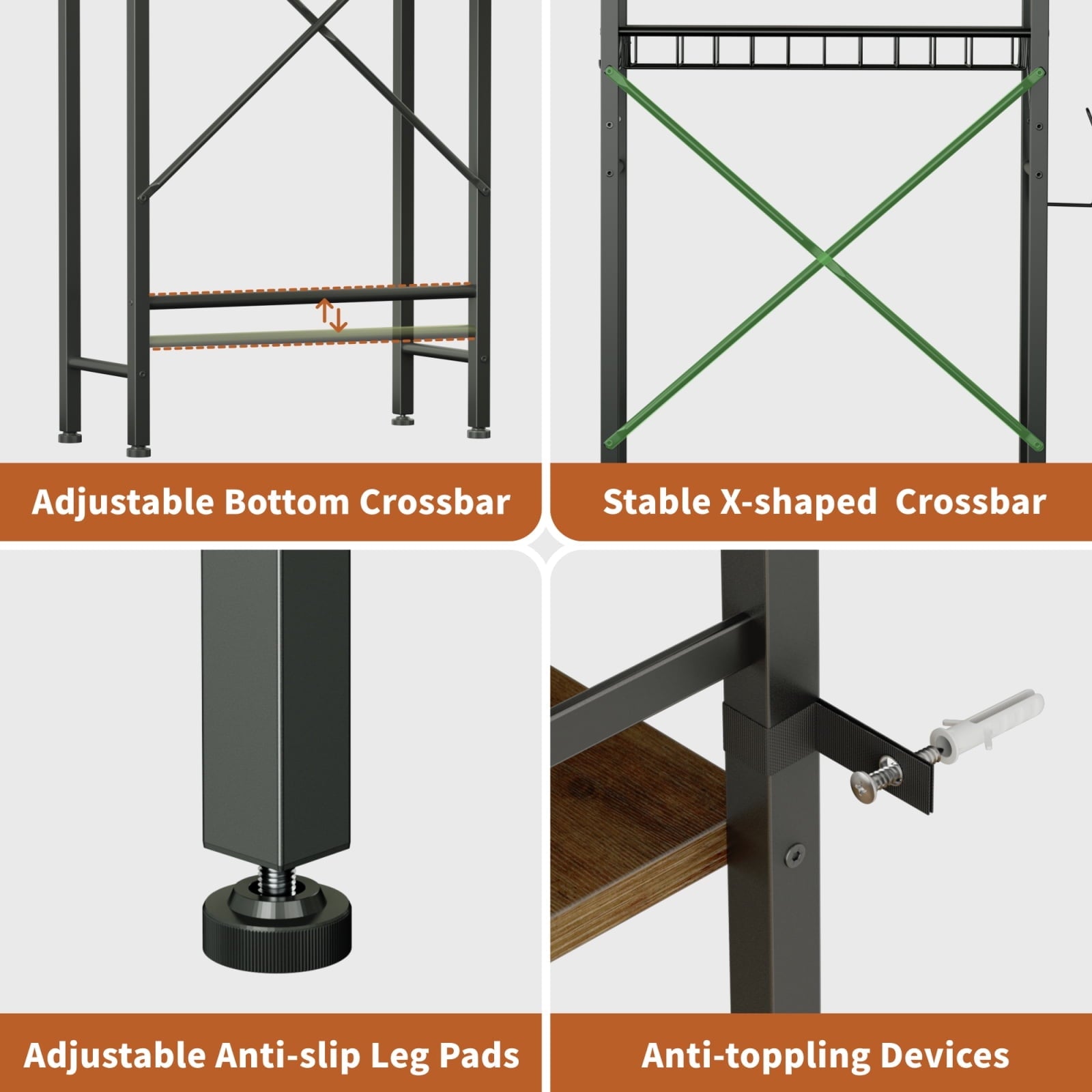 Capri Over The Toilet Storage Shelf, 4-Tier Freestanding Bathroom Organizers and Storage, above Toilet Space Saver Rack with Adjustable Shelves, Toilet Paper Holder and 9-Hooks, Rustic Brown