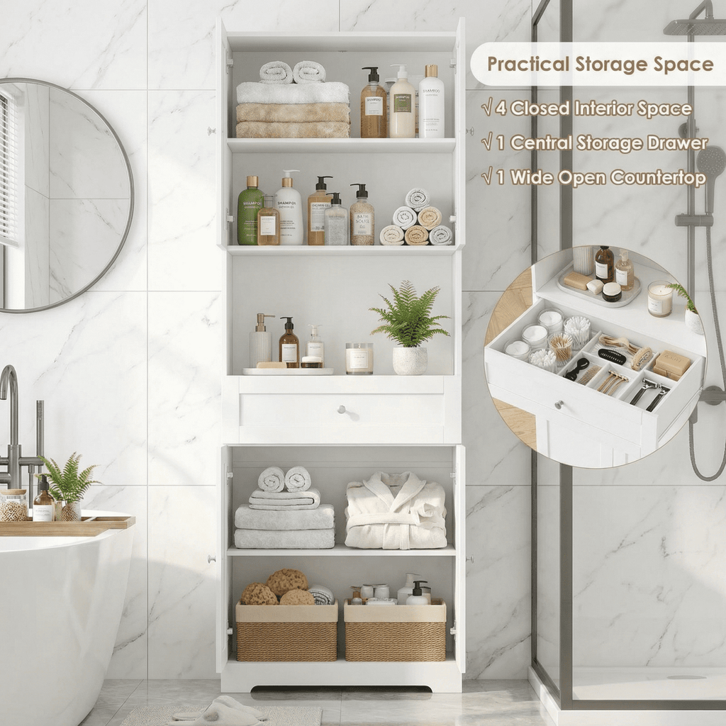 Homfa 67.5" Tall Bathroom Storage Cabinet with Drawer, 4 Door Modern Freestanding Cupboard, White
