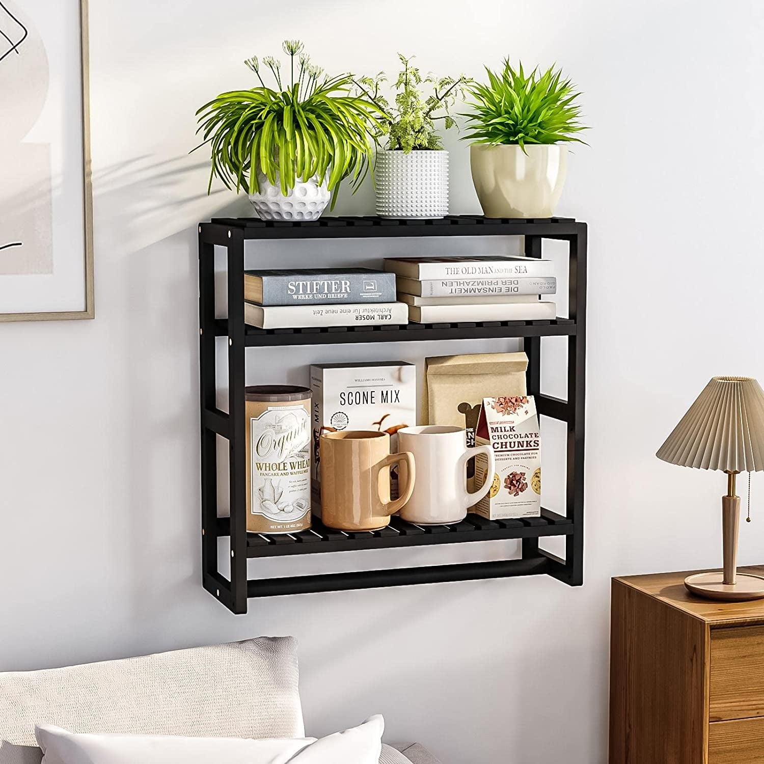 Bamworld Bamboo Bathroom Shelves Organizer Towel Rack for Storage Black Adjustable 3 Tiers Floating Shelf over the Toilet Storage with Hanging Rod