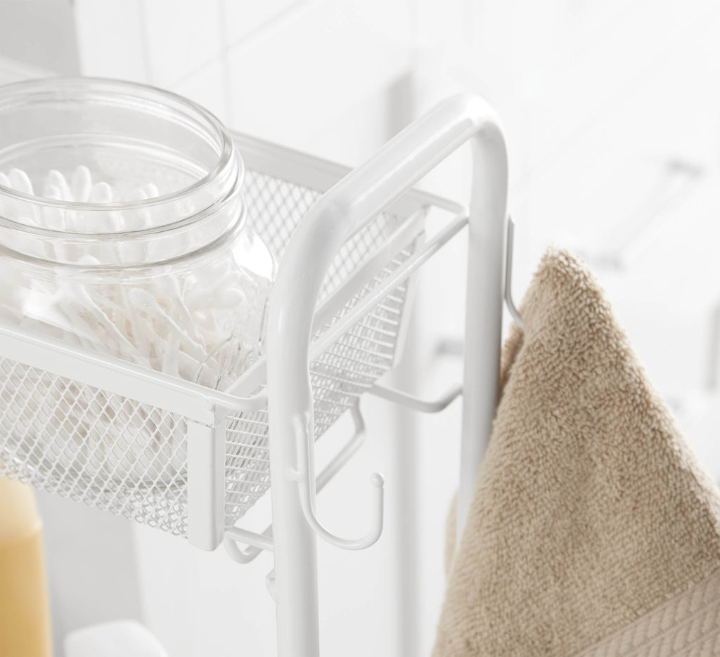 Mainstays 3-Tier Slim Rolling Bathroom Storage Cart with Hooks, White