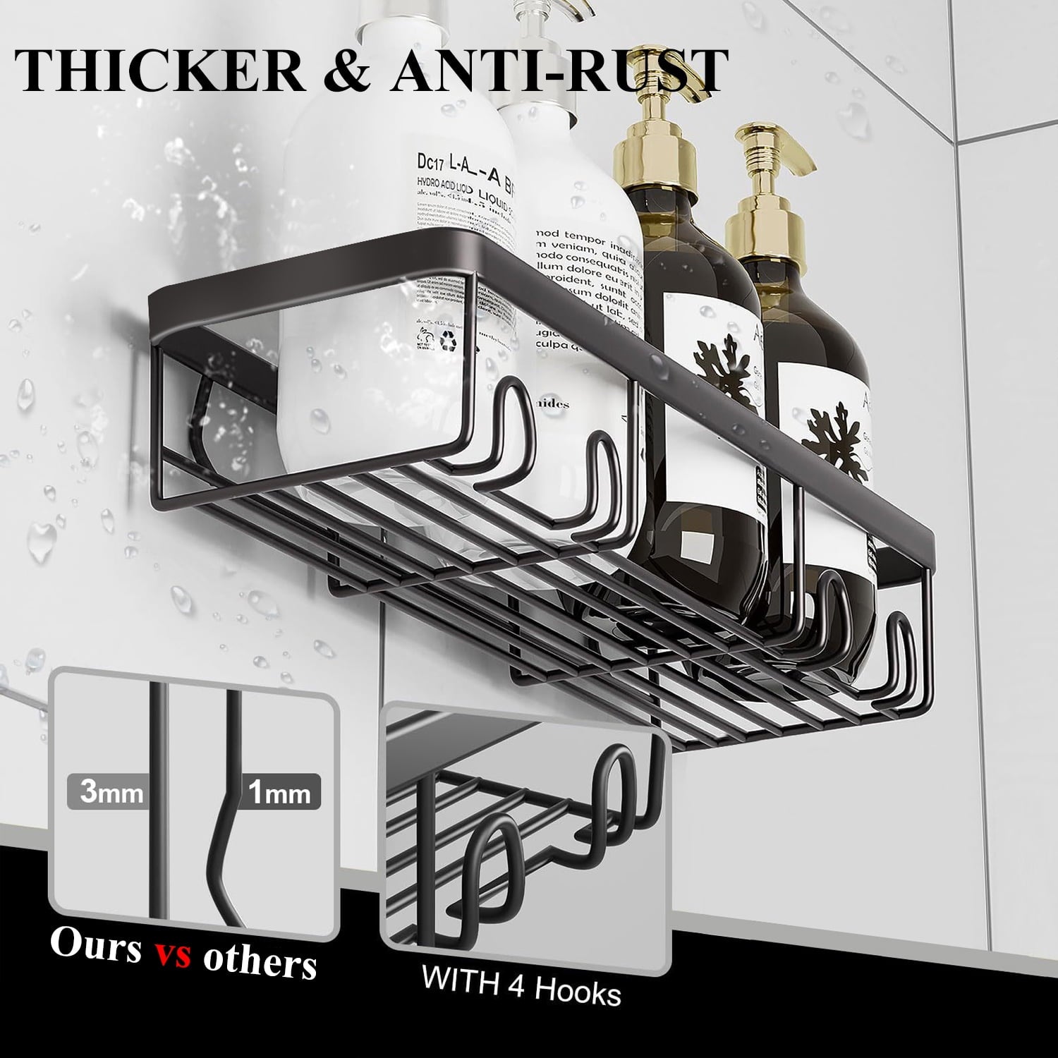 PHANCIR 6 PCS Shower Caddy, No Drilling Bathroom Organizer with Soap Holder, Adhesive Bathroom Caddy, Black