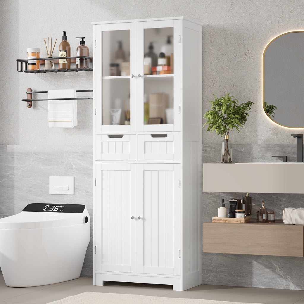 Homfa 4 Doors Bathroom Cabinet, 3-Tier Wood Tall Linen Storage Cabinet with 2 Drawers for Living Room Office, White