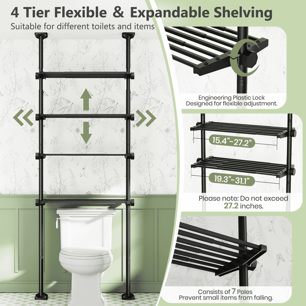 Yeabett 4-Tier over the Toilet Storage Shelf,bathroom Organizer Adjustable Saver Space Rack,no Drill Tension Mounted Shelves,Bathroom Cabinet Rack Above Toilet for Small Rooms,Black