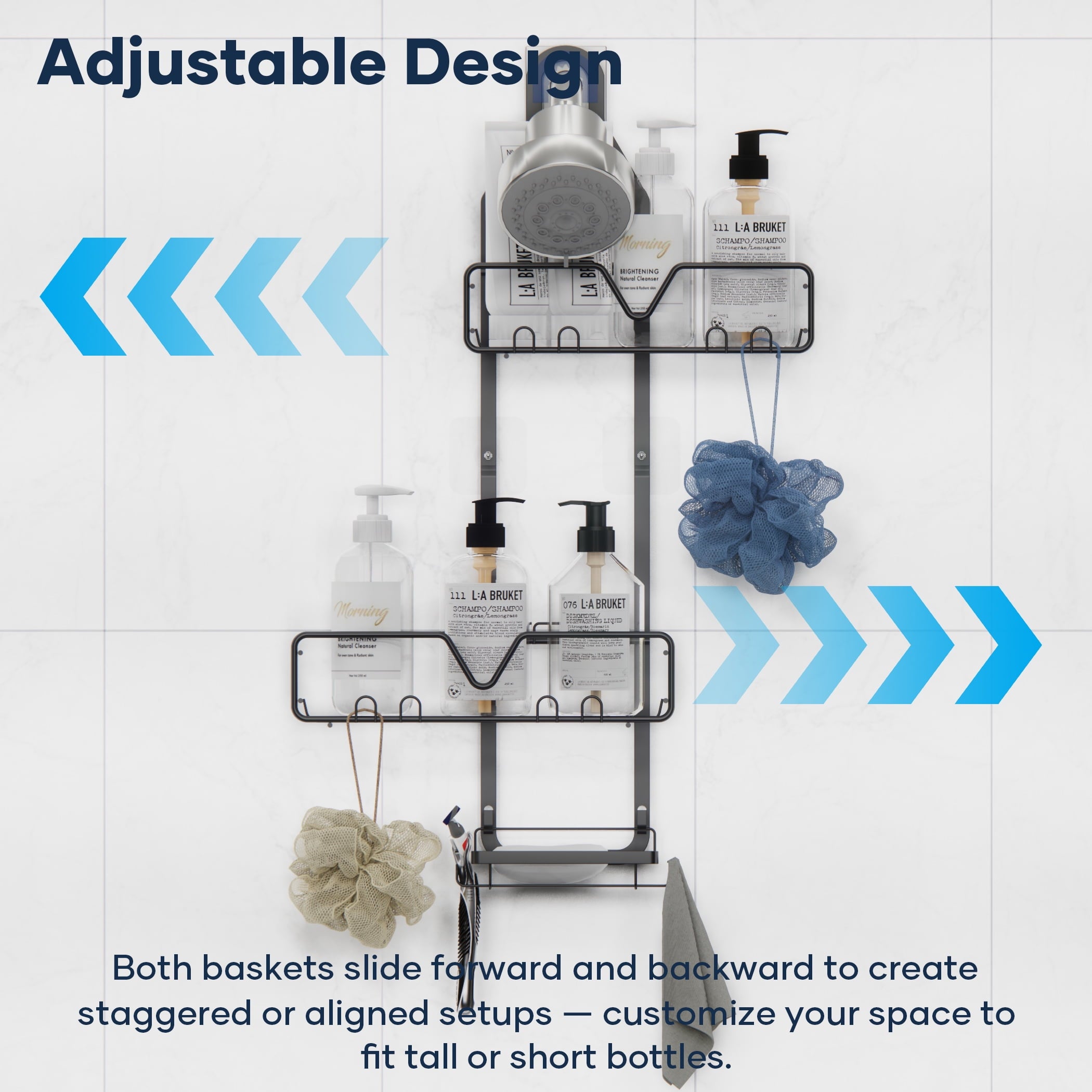 Topritt Shower Caddy Hanging Bathroom Organizer, Adjustable Shower Racks Over Shower Head, Rustproof, No-Drill Organizer, Large Storage Shelf for Shampoo Bottles with Soap Holder, Black