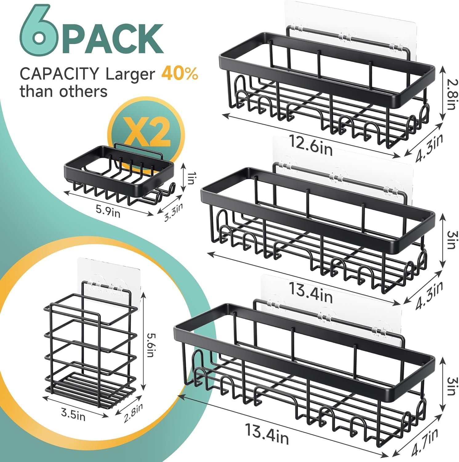 Ophanie Adhesive Shower Caddy 6 Pack, Large Capacity Bathroom Organizers and Storage, No Drilling Wall-Mounted Basket, Black