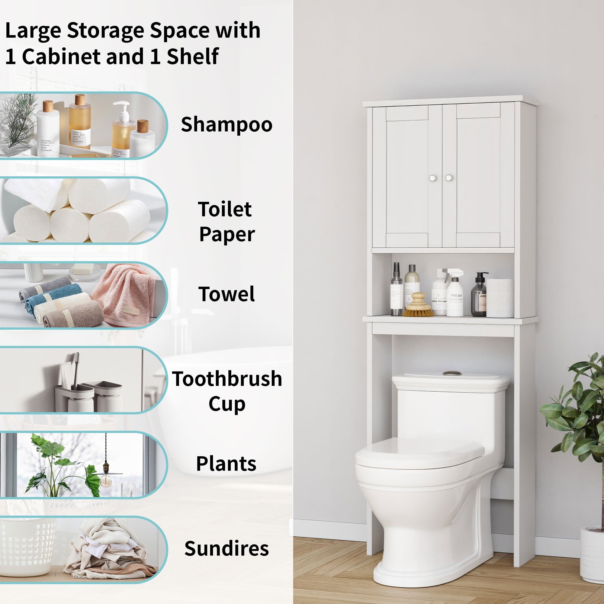 Walsunny Over The Toilet Storage Cabinet Bathroom Shelves Organizer Space Saver Freestanding Restroom Shelf with Doors Anti-Tip Device Adjustable Shelf White