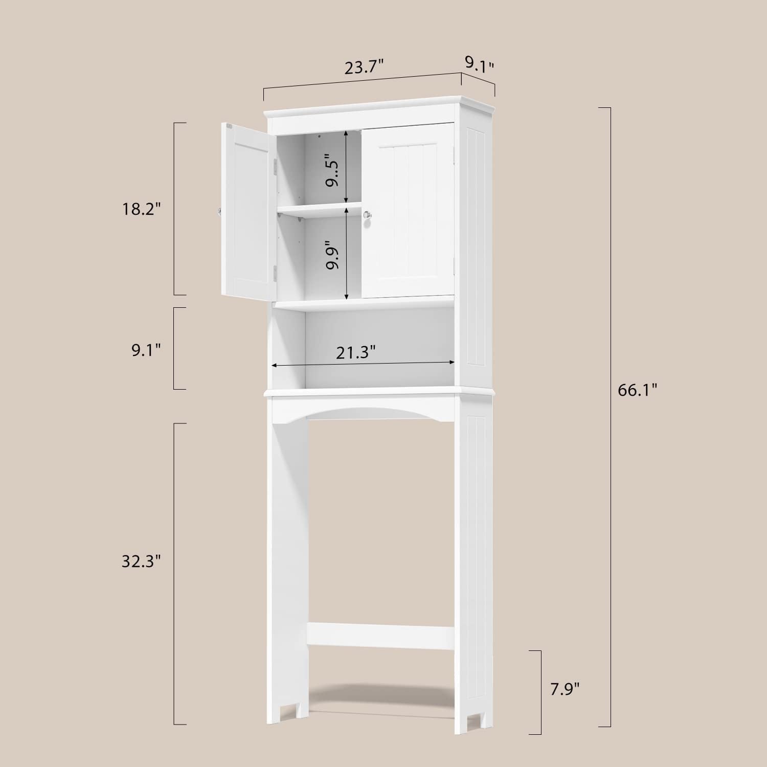 Over the Toilet Storage Cabinet - White Bathroom Shelf Organizer with Adjustable Shelf, Anti-Tip Device, Space-Saving Freestanding Design