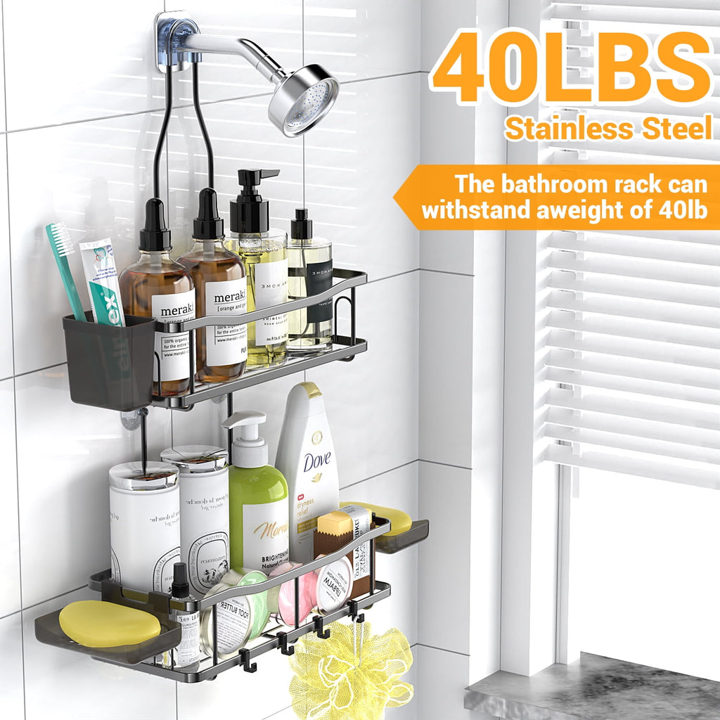 TINANA Hanging Shower Caddy, Rustproof Shower Shelf Racks Over Shower Head - No Drilling Bathroom Organizer for Shampoo with Soap Holder