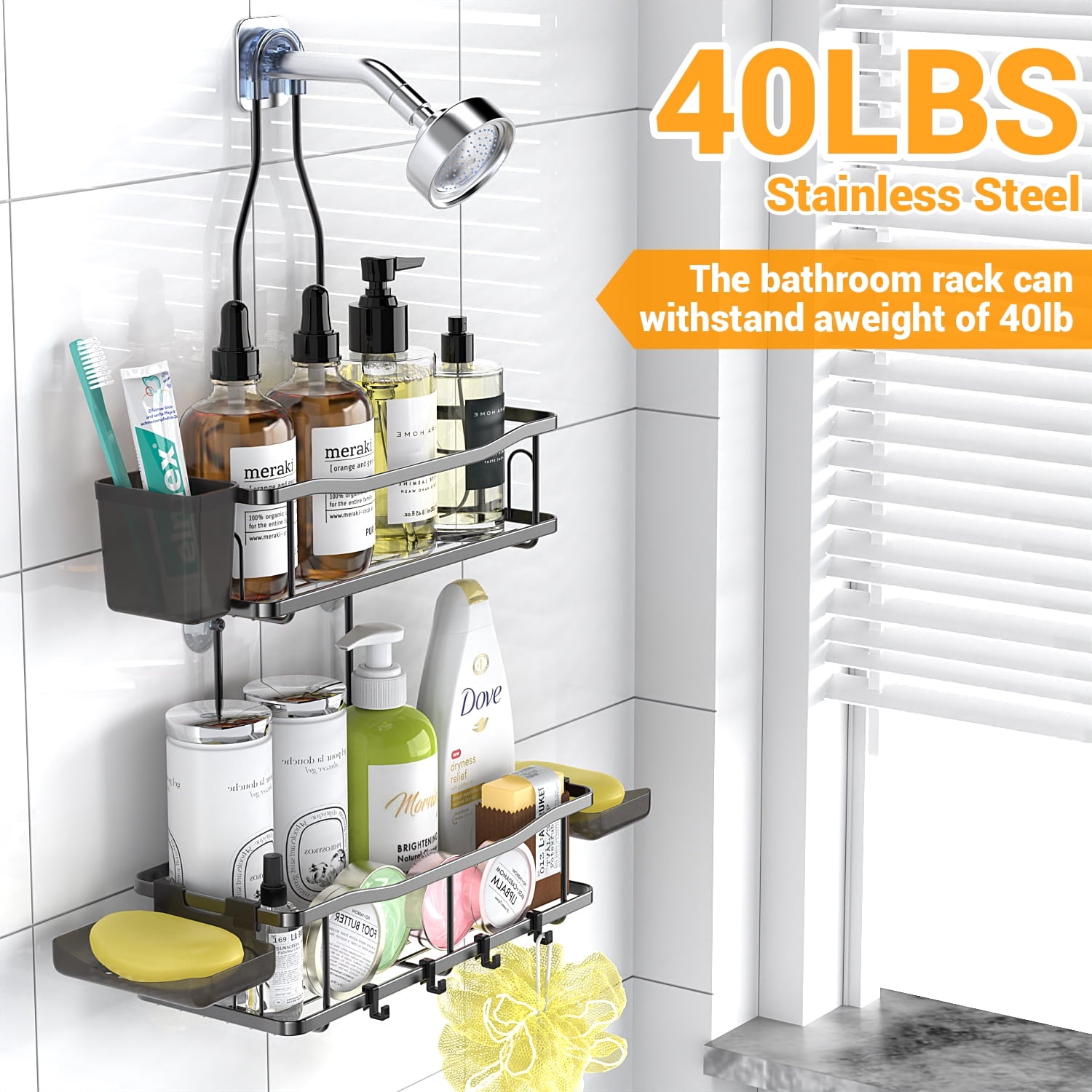 TINANA Hanging Shower Caddy, Rustproof Shower Shelf Racks Over Shower Head - No Drilling Bathroom Organizer for Shampoo with Soap Holder