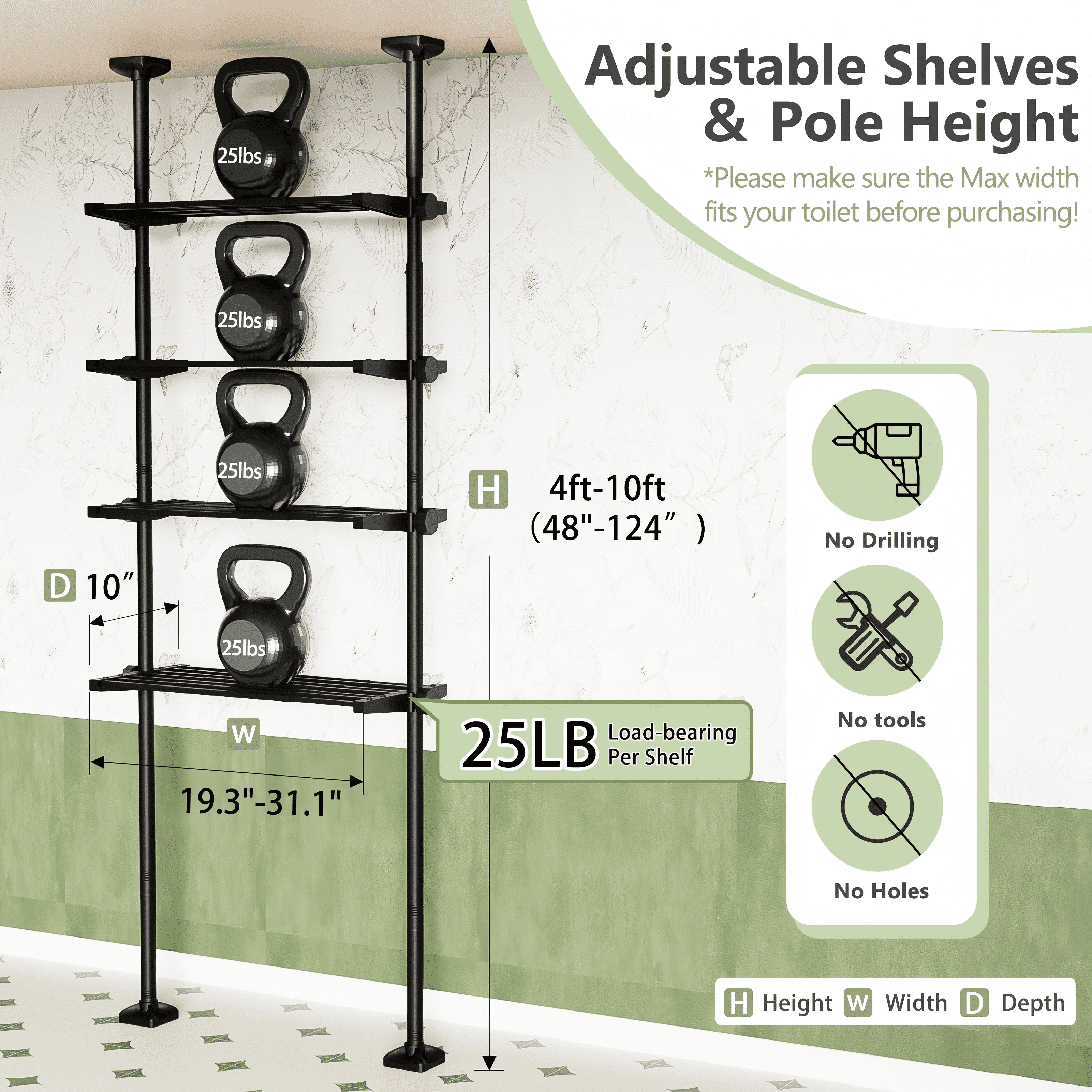 Yeabett 4-Tier over the Toilet Storage Shelf,bathroom Organizer Adjustable Saver Space Rack,no Drill Tension Mounted Shelves,Bathroom Cabinet Rack Above Toilet for Small Rooms,Black