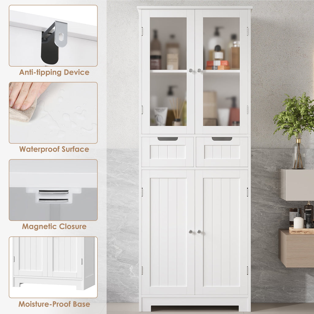 Homfa 4 Doors Bathroom Cabinet, 3-Tier Wood Tall Linen Storage Cabinet with 2 Drawers for Living Room Office, White