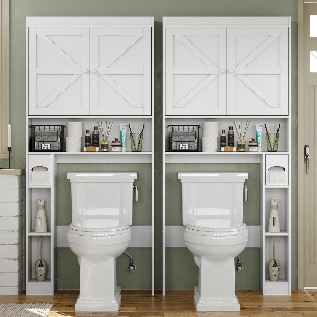 Furnihold Over The Toilet Storage Cabinet with Barn Doors, 32.3''W Farmhouse Bathroom Over Toilet Shelf Space Saver with Toilet Paper Holder, White
