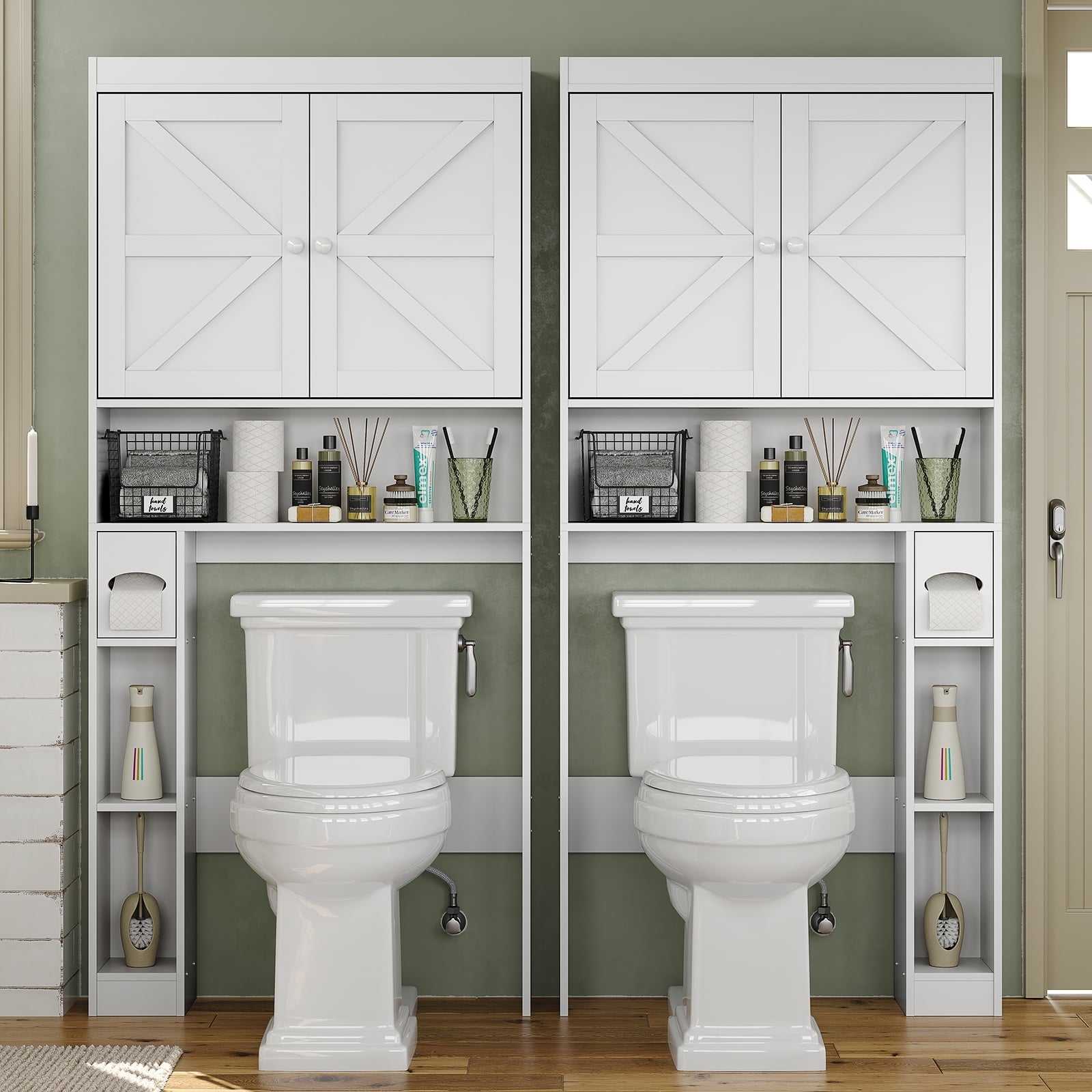 Furnihold Over The Toilet Storage Cabinet with Barn Doors, 32.3''W Farmhouse Bathroom Over Toilet Shelf Space Saver with Toilet Paper Holder, White