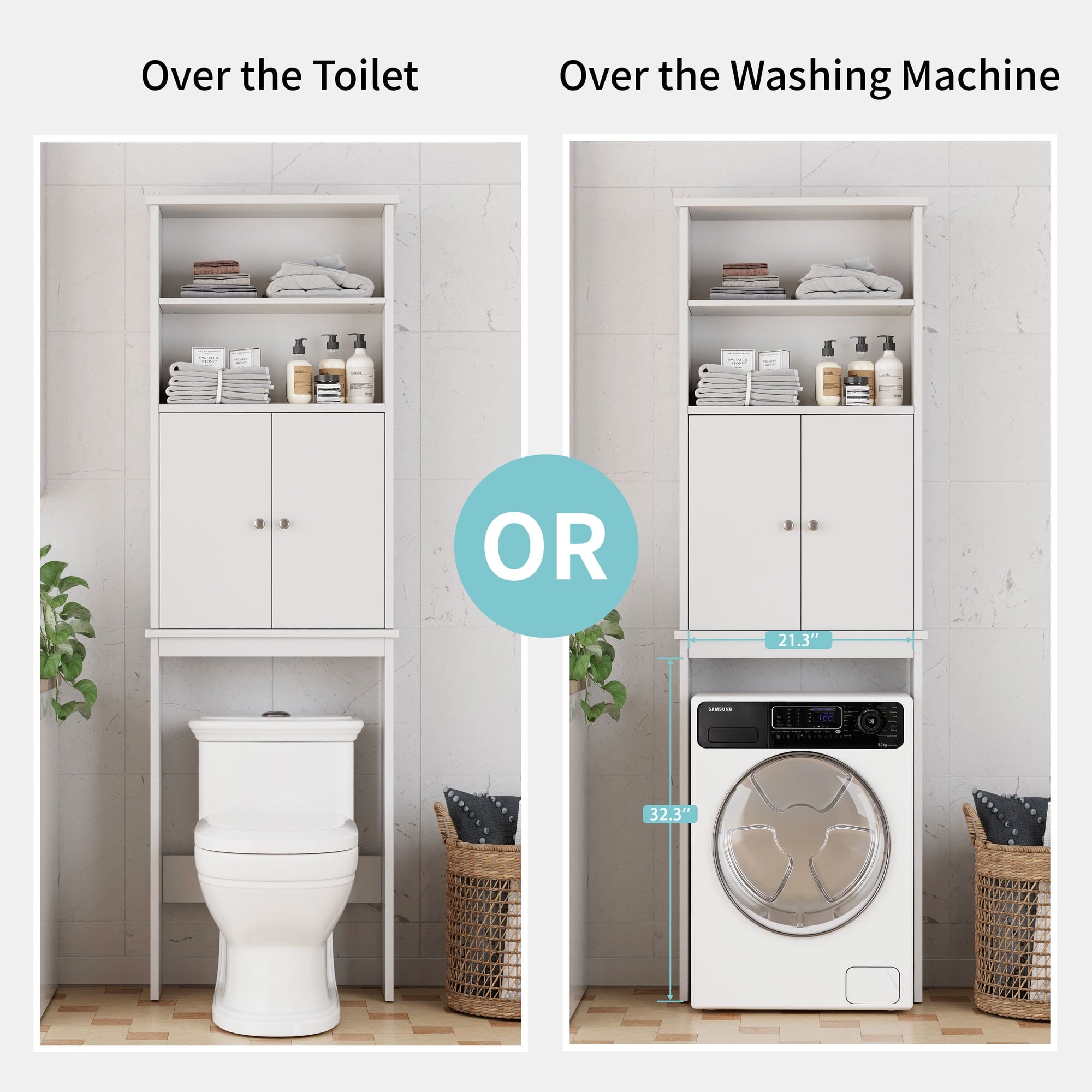 Walsunny Over the Toilet Storage Cabinets Wood Bathroom Organizer Shelf Rack Space Saver with 2 Doors 4 Shelves Anti-Tip Device White