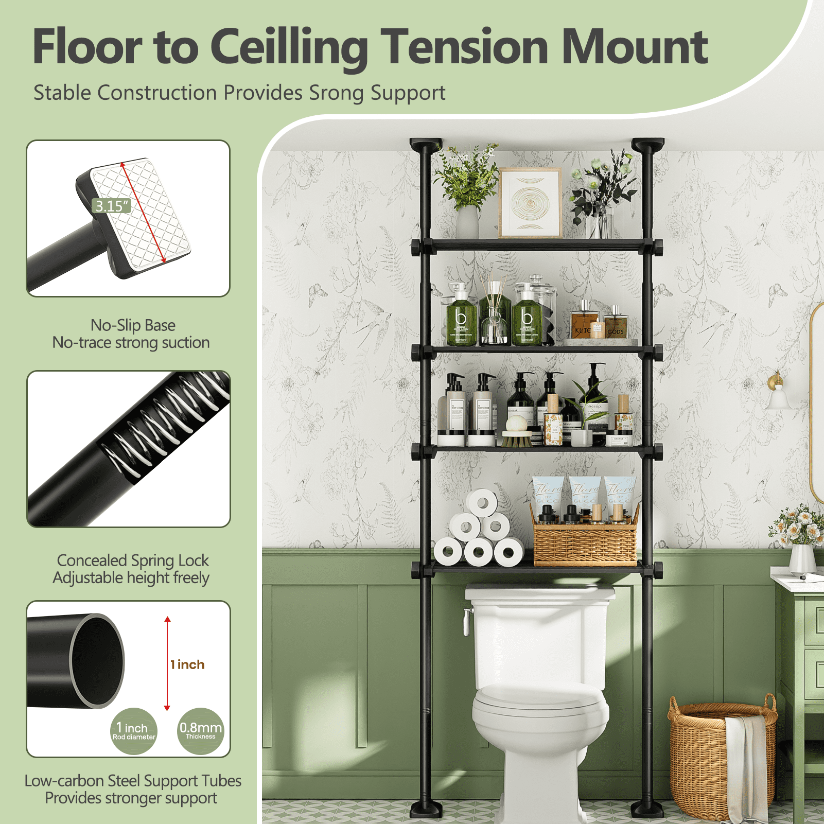 Yeabett 4-Tier over the Toilet Storage Shelf,bathroom Organizer Adjustable Saver Space Rack,no Drill Tension Mounted Shelves,Bathroom Cabinet Rack Above Toilet for Small Rooms,Black