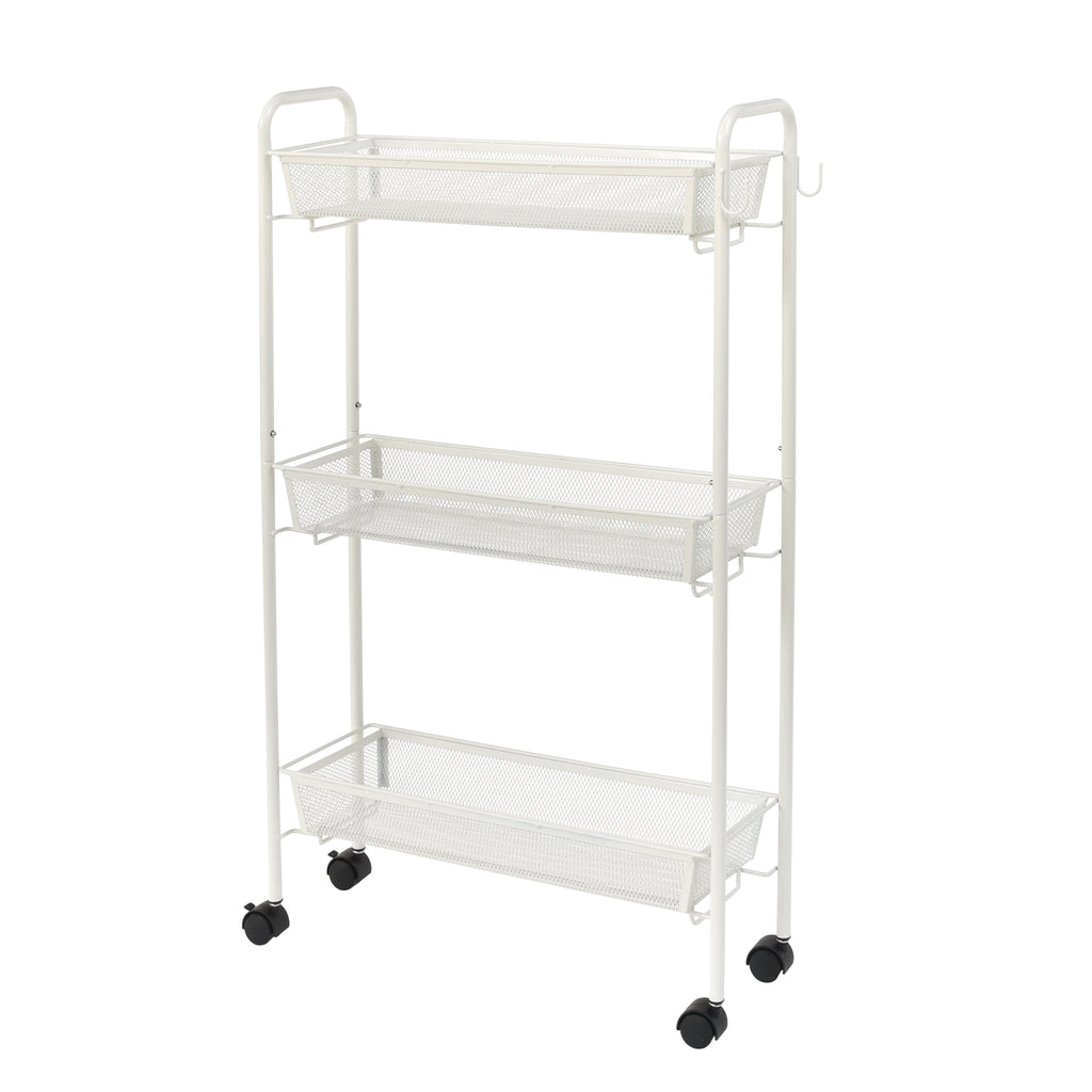Mainstays 3-Tier Slim Rolling Bathroom Storage Cart with Hooks, White