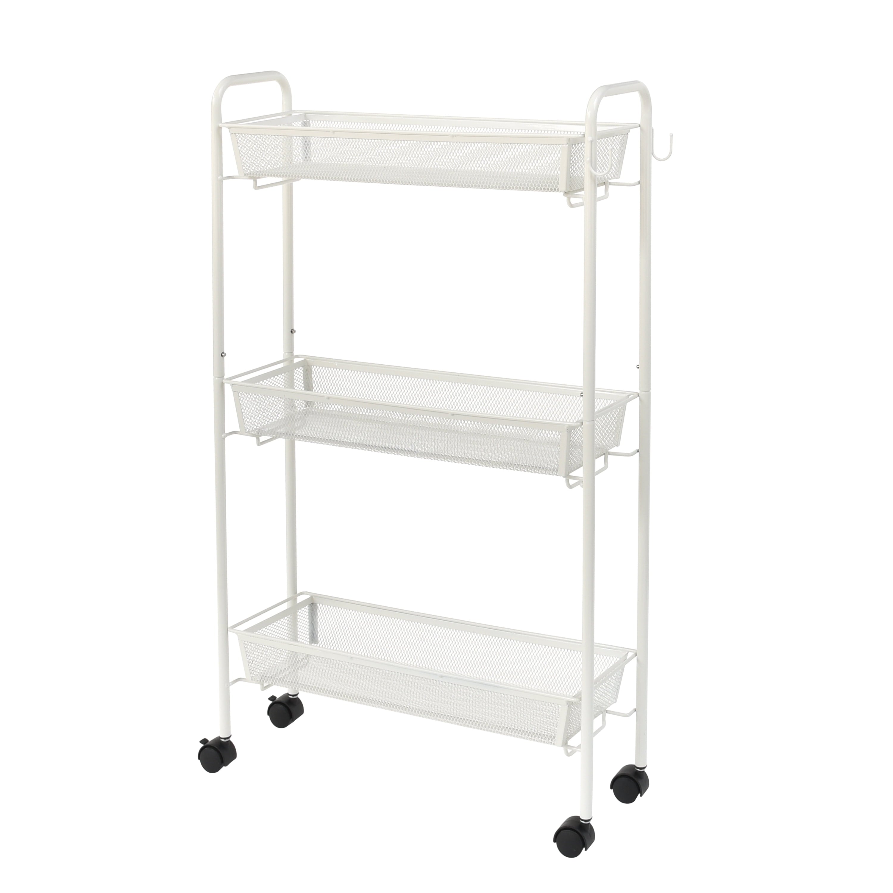 Mainstays 3-Tier Slim Rolling Bathroom Storage Cart with Hooks, White