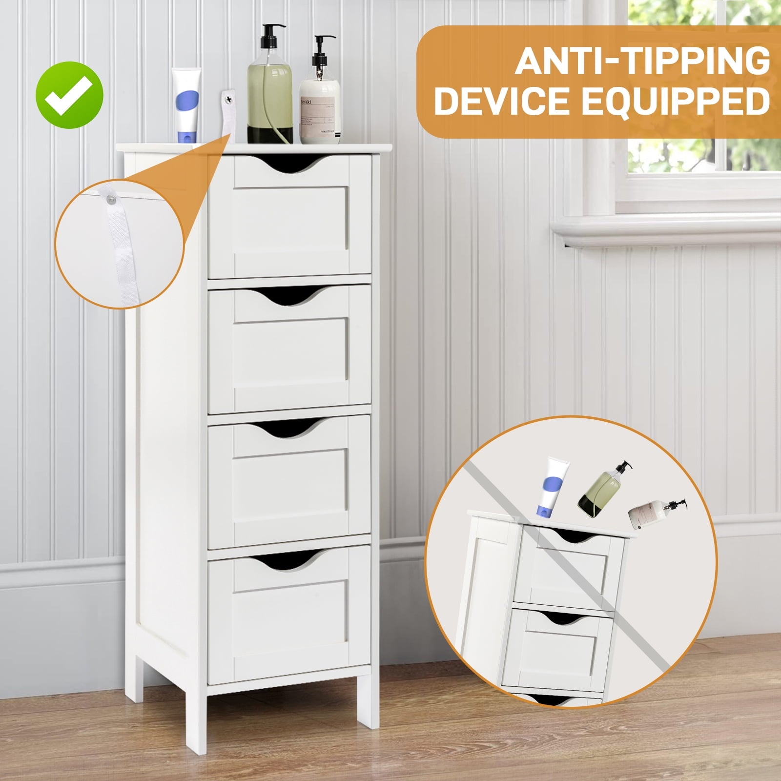 Ktaxon Bathroom Floor Storage Cabinet with 4 Drawers, Small Cabinet for Bedroom Kitchen, MDF White