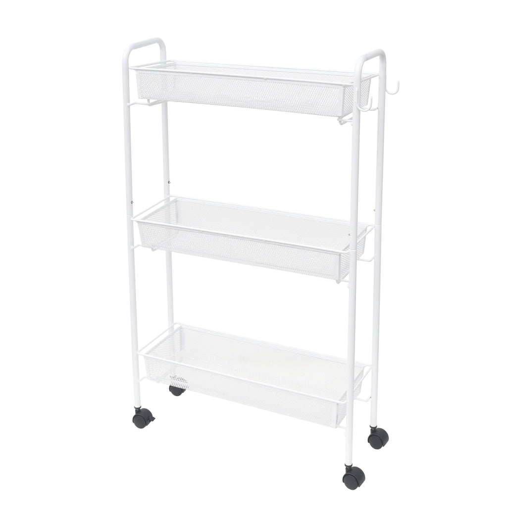 Mainstays 3-Tier Slim Rolling Bathroom Storage Cart with Hooks, White