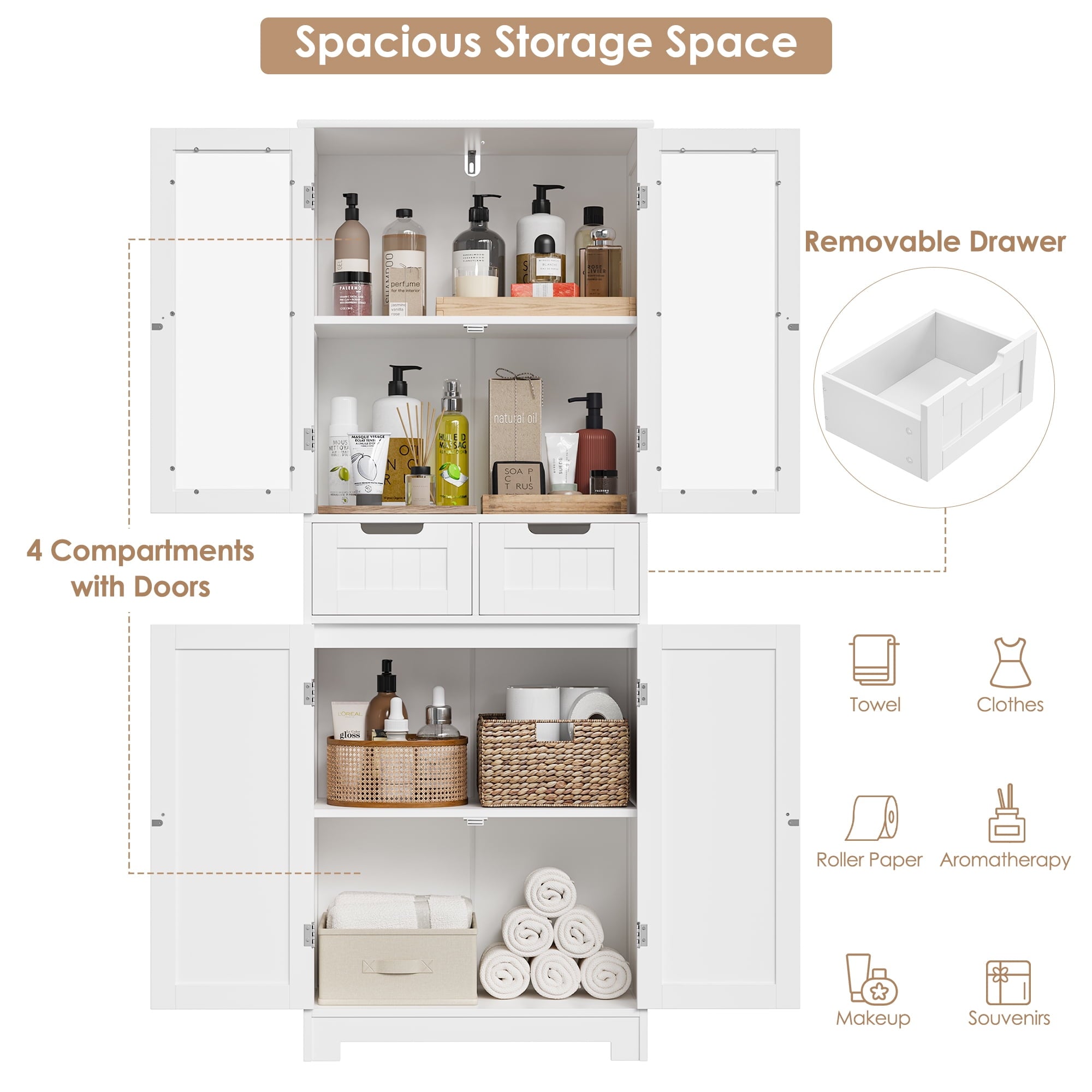 Homfa 4 Doors Bathroom Cabinet, 3-Tier Wood Tall Linen Storage Cabinet with 2 Drawers for Living Room Office, White