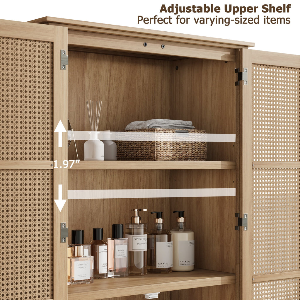 Homfa Bathroom Cabinet with Rattan Doors, Rattan Linen Storage Cabinet with 2 Drawers, Oak