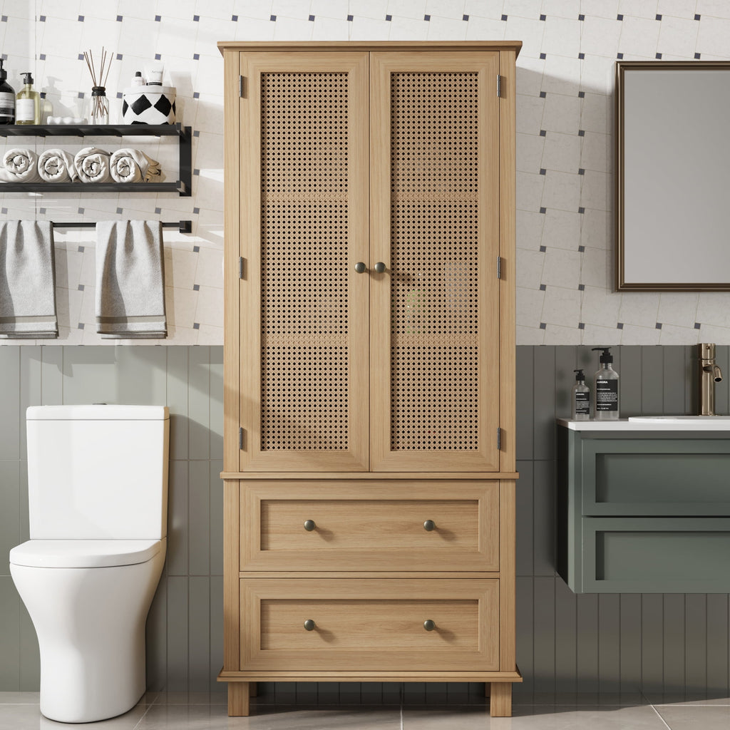 Homfa Bathroom Cabinet with Rattan Doors, Rattan Linen Storage Cabinet with 2 Drawers, Oak