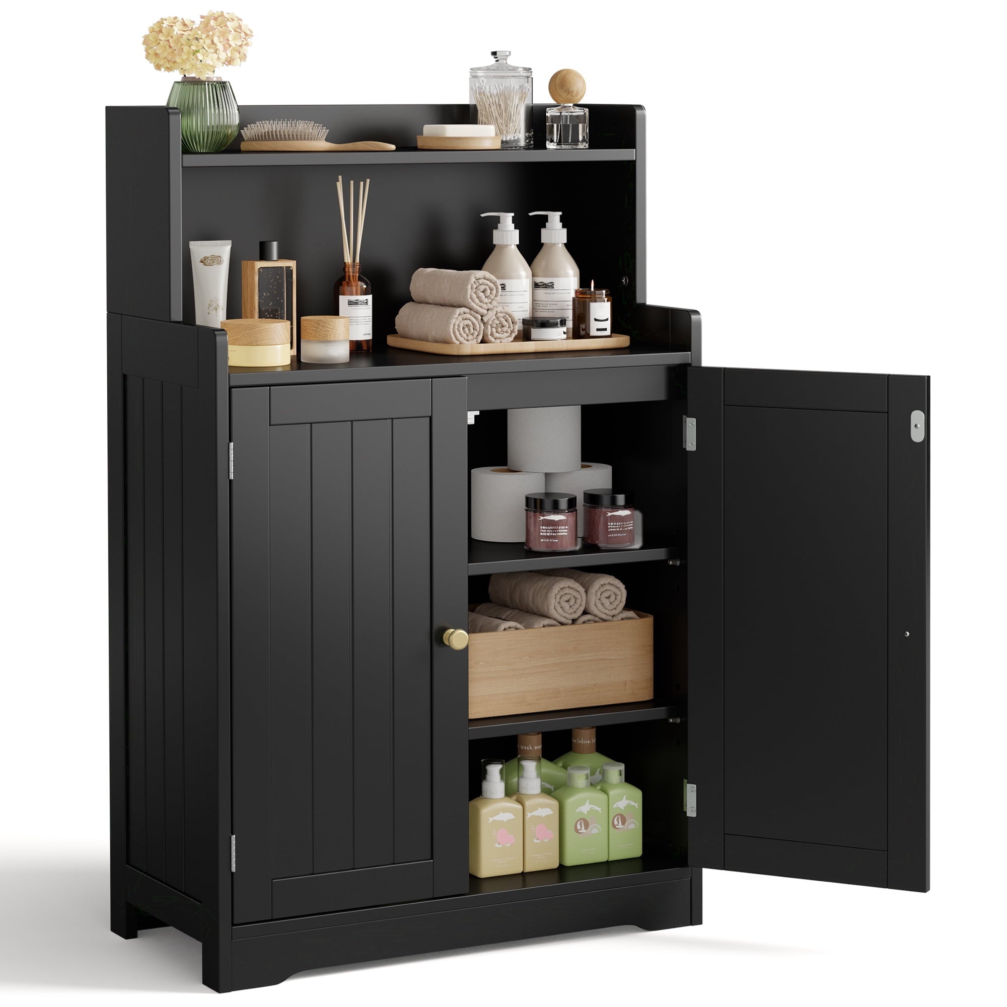 Asofer Bathroom Floor Storage Cabinet, Freestanding Cabinet with 4 Doors, Adjustable Shelves, White