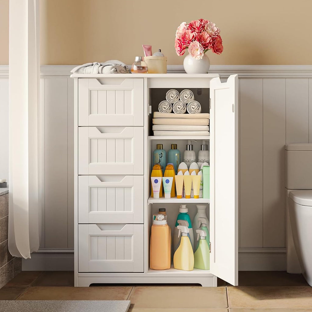 Asofer Bathroom Floor Storage Cabinet, Freestanding Cabinet with 4 Doors, Adjustable Shelves, White