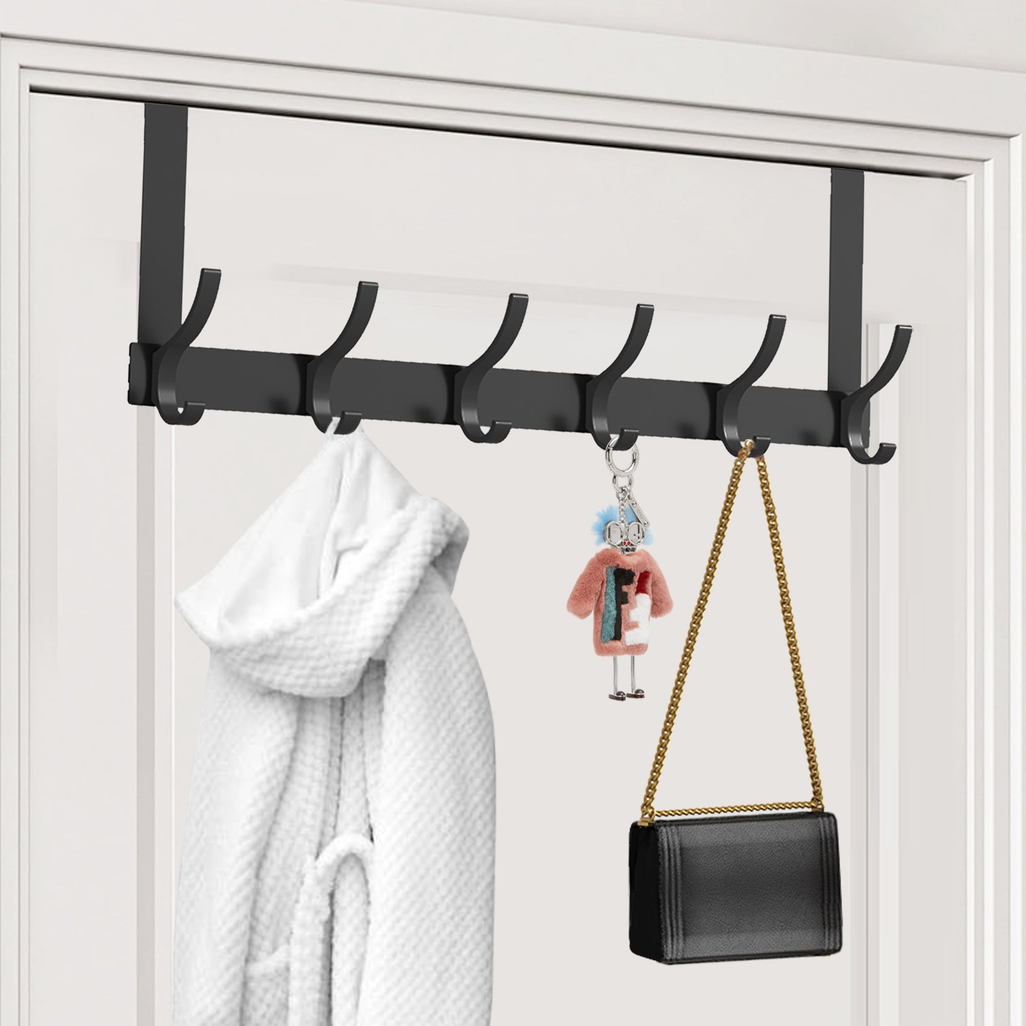 BUSATIA Over The Door Hook,Over Door Towel Rack with 6-Dual Coat Hooks,Door Hanger,Door Coat Hanger,Over The Door Coat Rack,Door Hooks for Hanging Clothes,Back of Door,Black