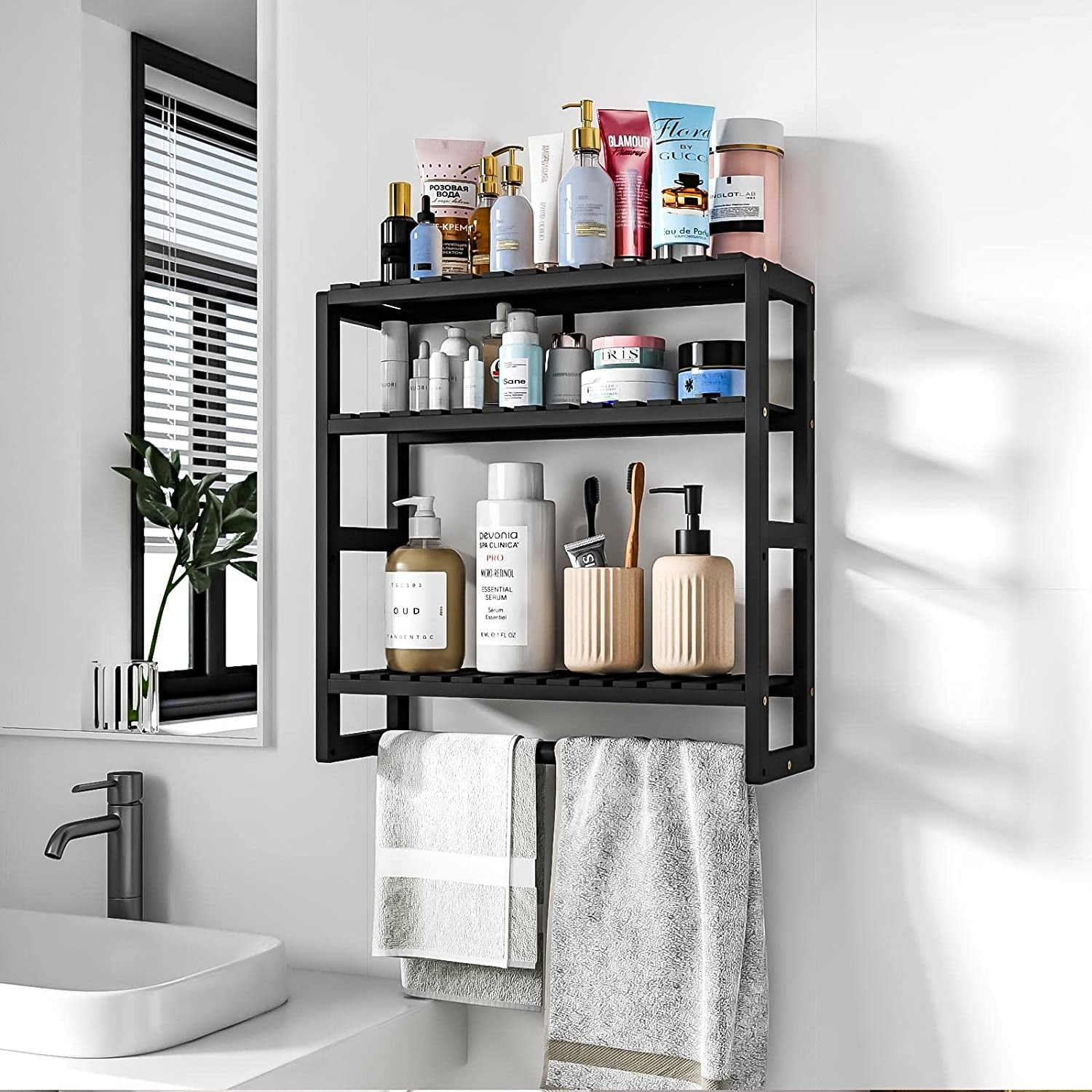 Bamworld Bamboo Bathroom Shelves Organizer Towel Rack for Storage Black Adjustable 3 Tiers Floating Shelf over the Toilet Storage with Hanging Rod