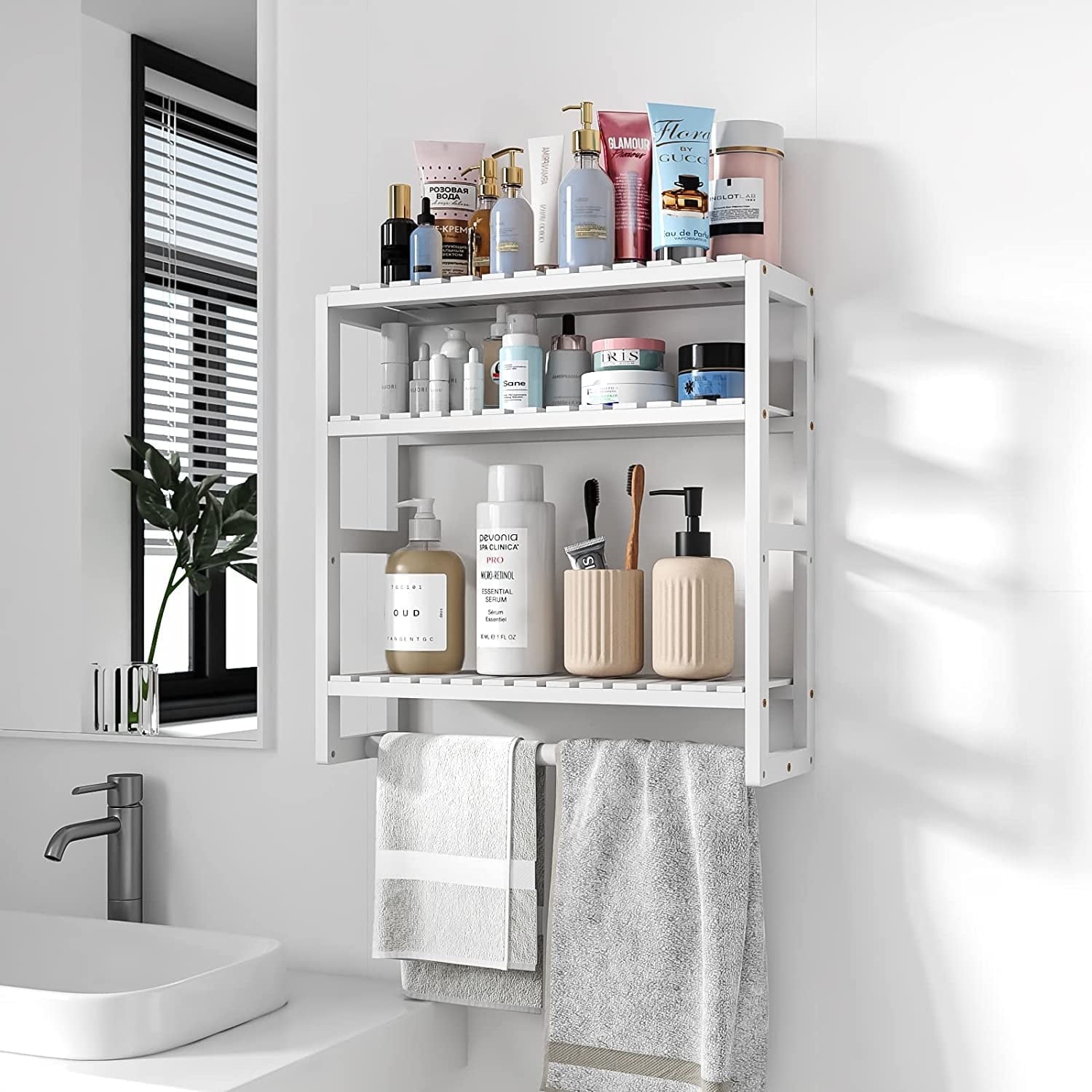 Bamworld Bamboo Bathroom Shelves Organizer Towel Rack for Storage Black Adjustable 3 Tiers Floating Shelf over the Toilet Storage with Hanging Rod