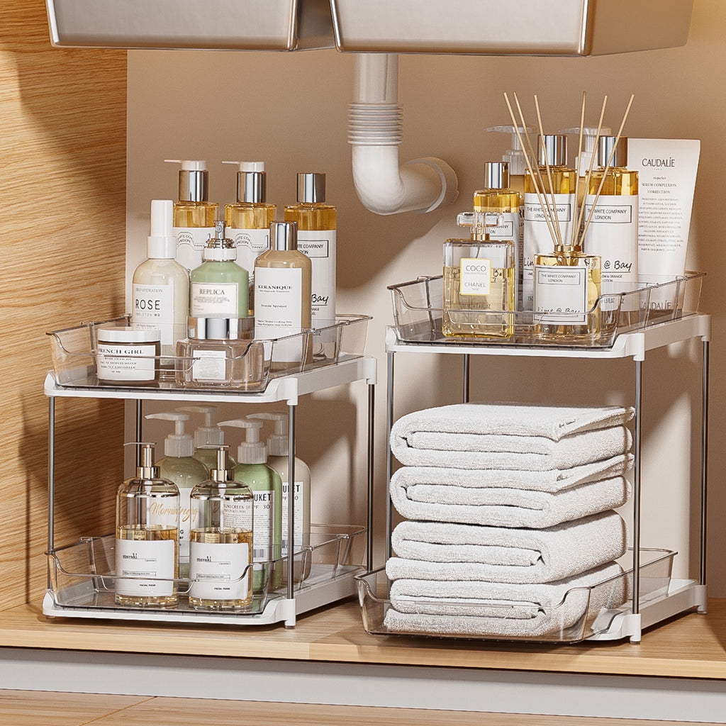 Delamu 2 Sets of 2-Tier Multi-Purpose Bathroom Under Sink Organizers and Storage, Stackable Kitchen Pantry Organization, Pull Out Medicine Cabinet Organizer with 8 Movable Dividers C29