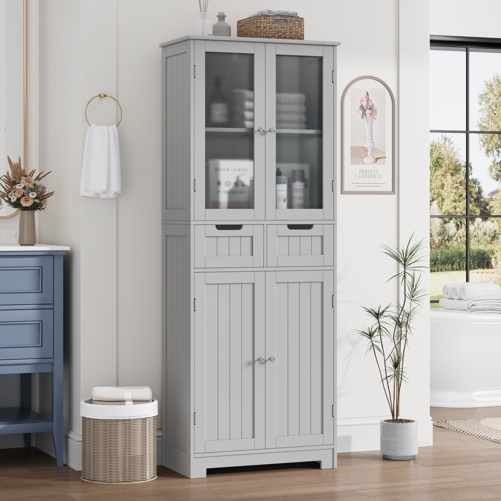 Homfa 4 Doors Bathroom Cabinet, 3-Tier Wood Tall Linen Storage Cabinet with 2 Drawers for Living Room Office, White