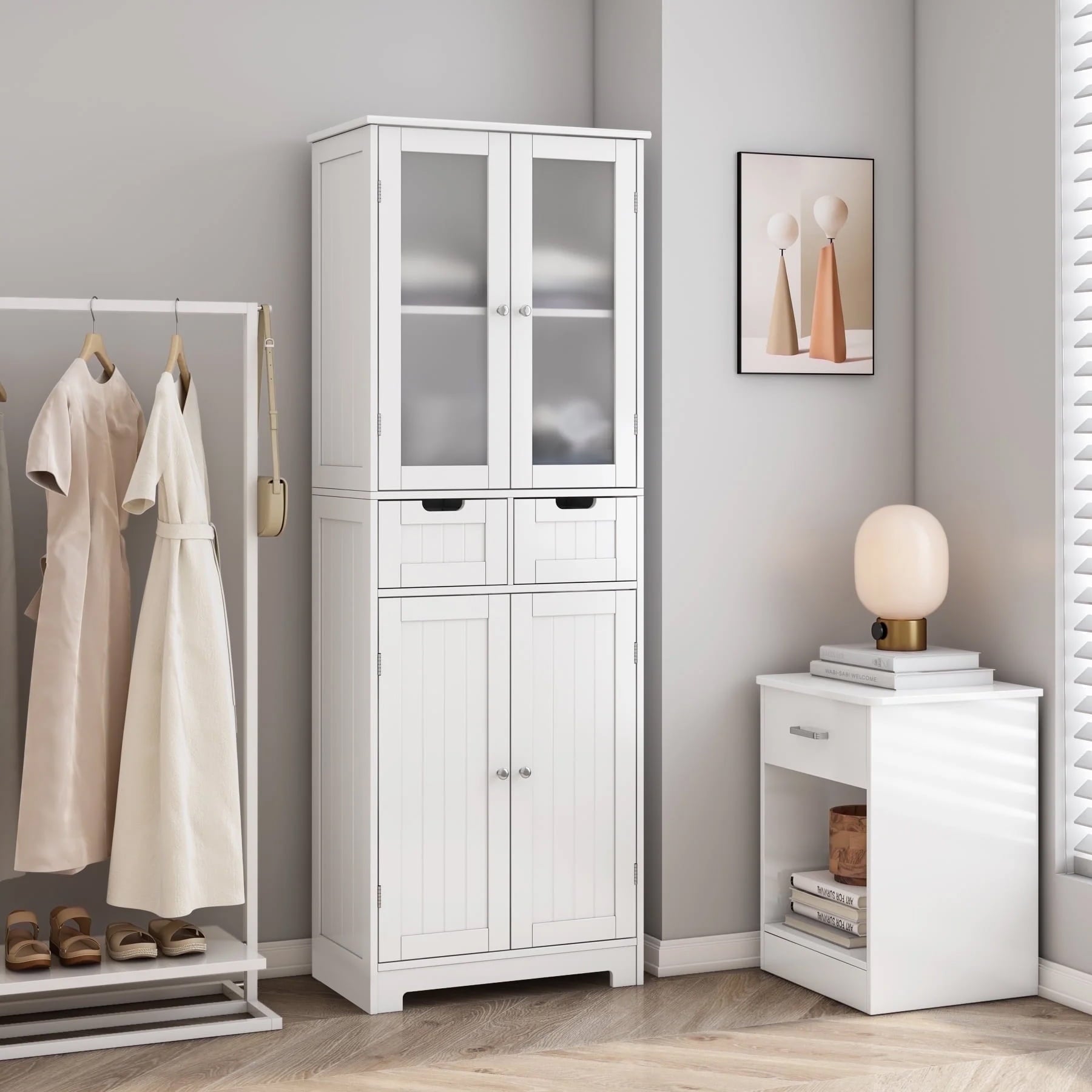 Homfa 4 Doors Bathroom Cabinet, 3-Tier Wood Tall Linen Storage Cabinet with 2 Drawers for Living Room Office, White
