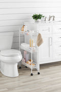Mainstays 3-Tier Slim Rolling Bathroom Storage Cart with Hooks, White