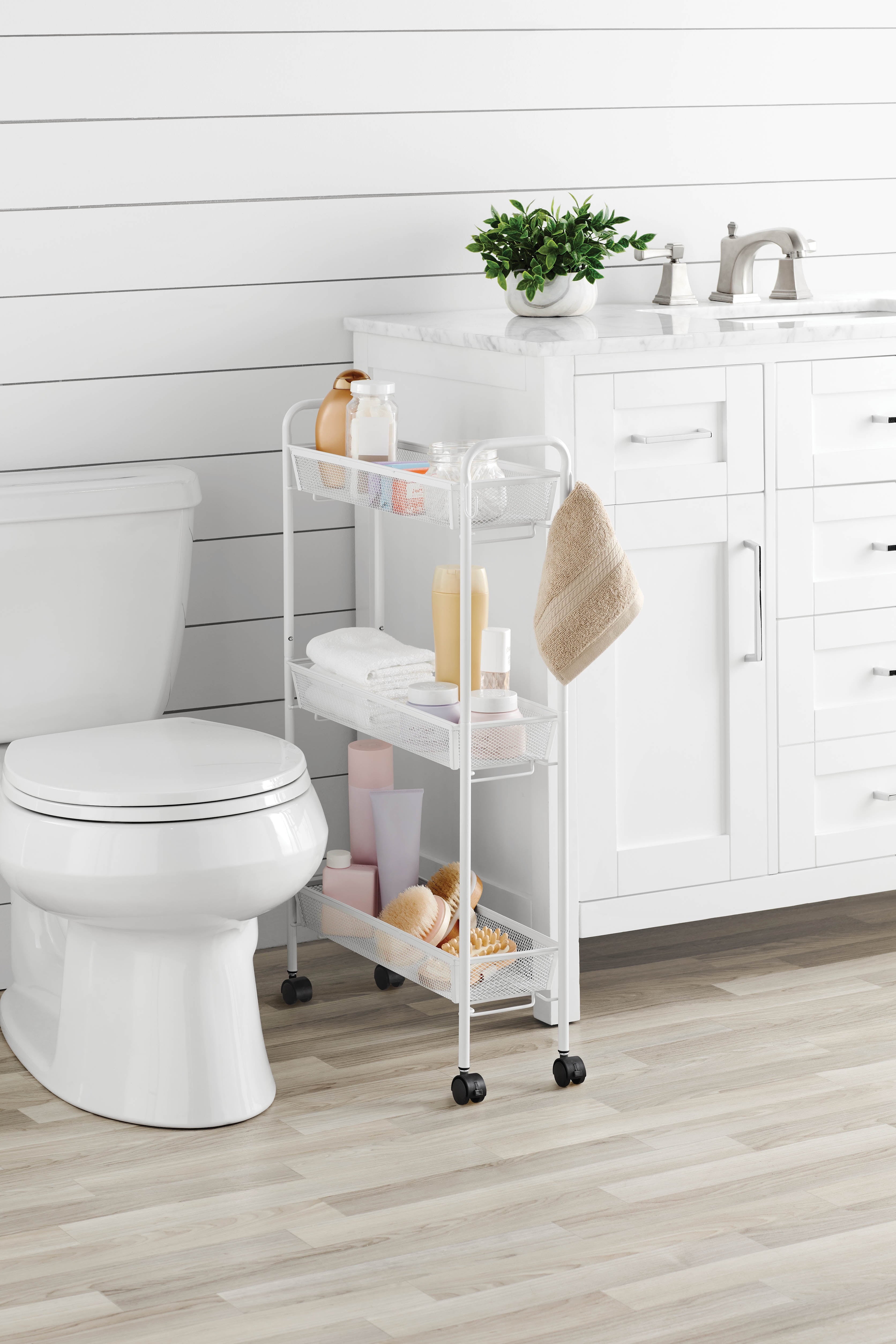 Mainstays 3-Tier Slim Rolling Bathroom Storage Cart with Hooks, White