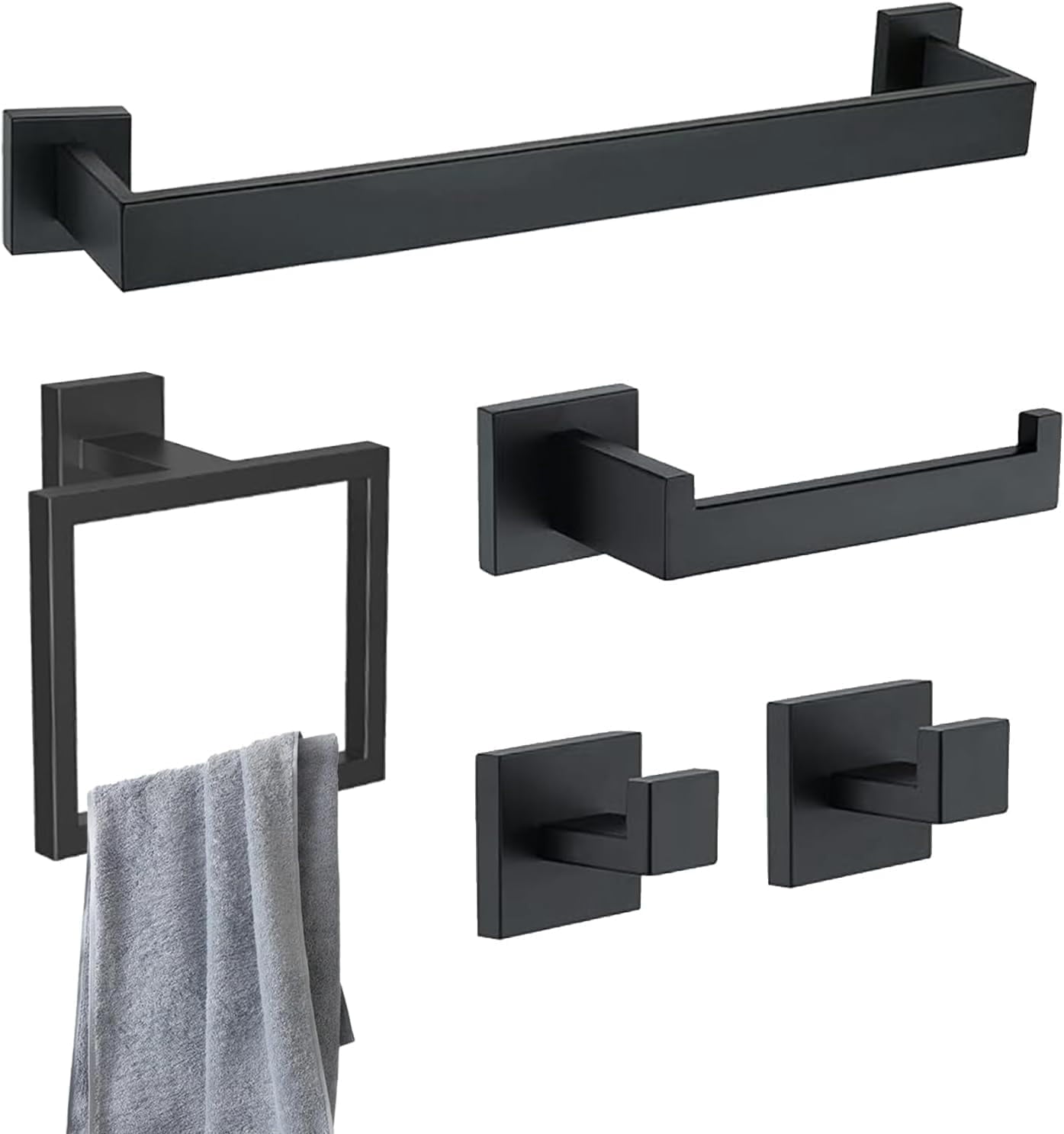 stusgo Matte Black 5-Piece Square Bathroom Hardware Set,40cm Towel Bar,Toilet Paper Holder,Towel Ring,and 2 Towel Hooks,SUS 304 Stainless Steel Bathroom Accessories,Wall Mounted Towel Rack Kit（Black）