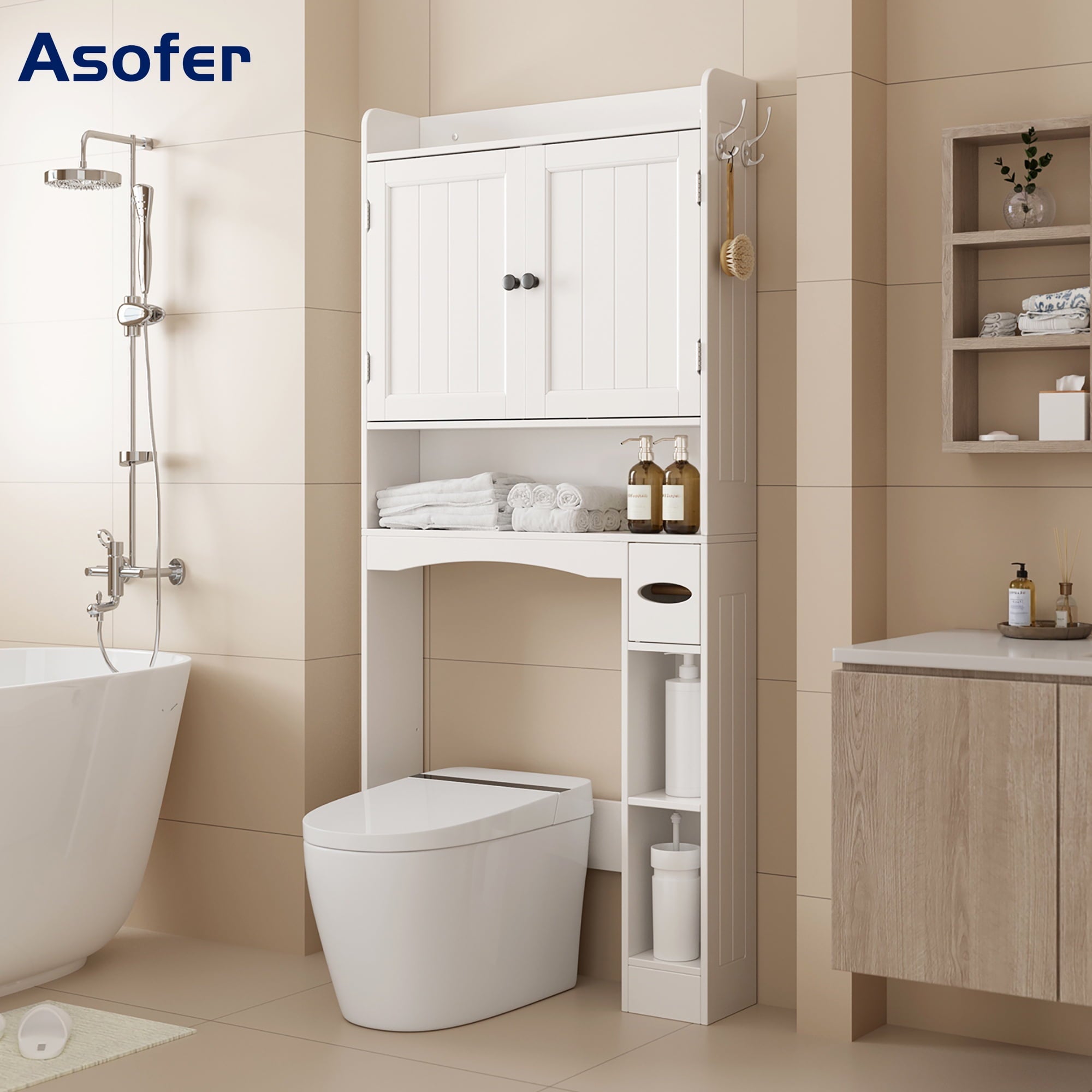 Over the Toilet Storage Cabinet, Asofer Bathroom Space Saver Organizer above Toilet with Adjustable Shelf & 2 Doors, White