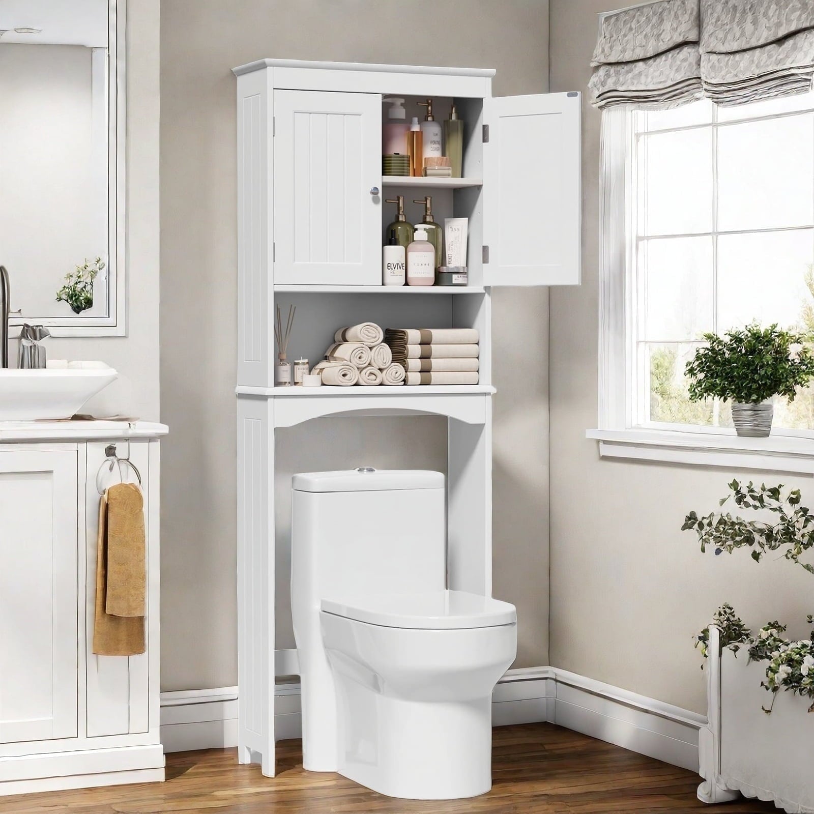 Over the Toilet Storage Cabinet - White Bathroom Shelf Organizer with Adjustable Shelf, Anti-Tip Device, Space-Saving Freestanding Design