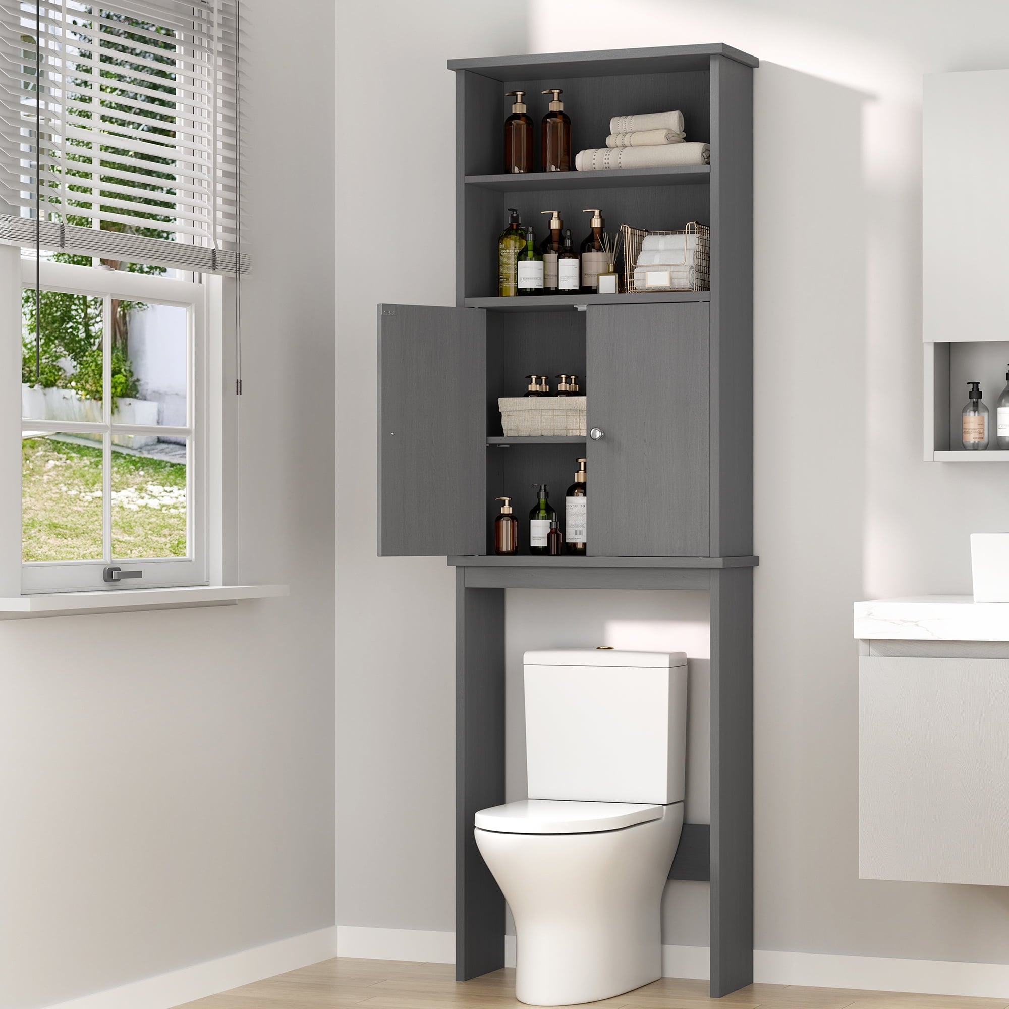 Walsunny Over the Toilet Storage Cabinets Wood Bathroom Organizer Shelf Rack Space Saver with 2 Doors 4 Shelves Anti-Tip Device White