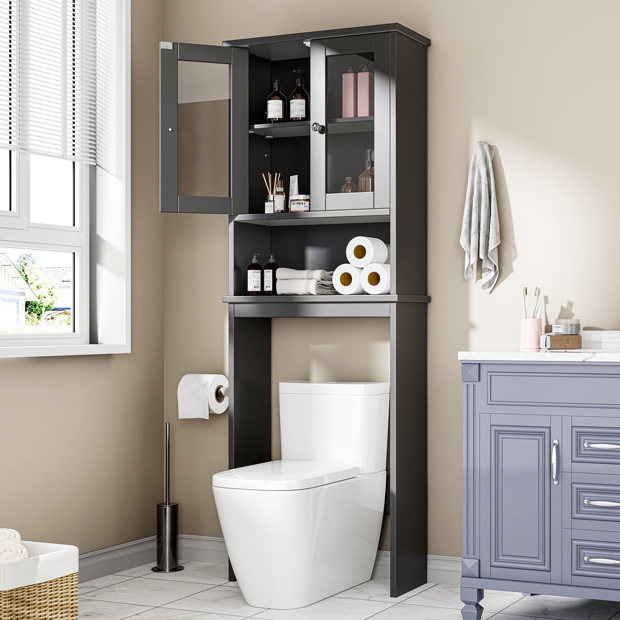 Walsunny Over The Toilet Storage Cabinet Bathroom Shelves Organizer Space Saver Freestanding Restroom Shelf with Doors Anti-Tip Device Adjustable Shelf White