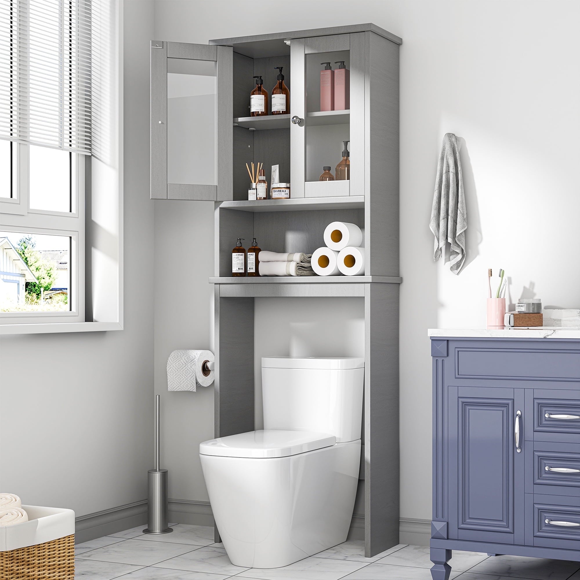 Walsunny Over The Toilet Storage Cabinet Bathroom Shelves Organizer Space Saver Freestanding Restroom Shelf with Doors Anti-Tip Device Adjustable Shelf White