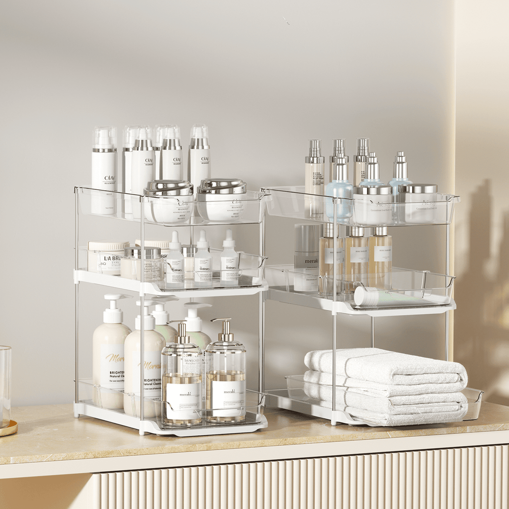 Delamu 2-Pack 3-Tier Pull-Out Under Sink Organizer, Stackable Sliding Storage Shelves for Bathroom Kitchen Pantry (White)