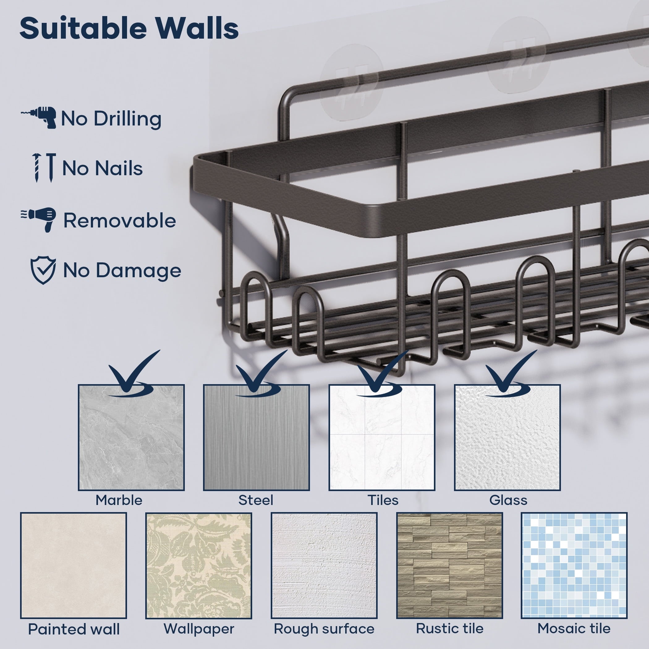 Topritt Shower Caddy 6 Pack, Adhesive Shower Organizer with Soap Holder, Large Capacity, No-Drill Wall Mounted Bathroom Organizer Basket for Bathroom & Kitchen Storage, Black