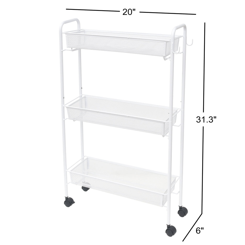 Mainstays 3-Tier Slim Rolling Bathroom Storage Cart with Hooks, White
