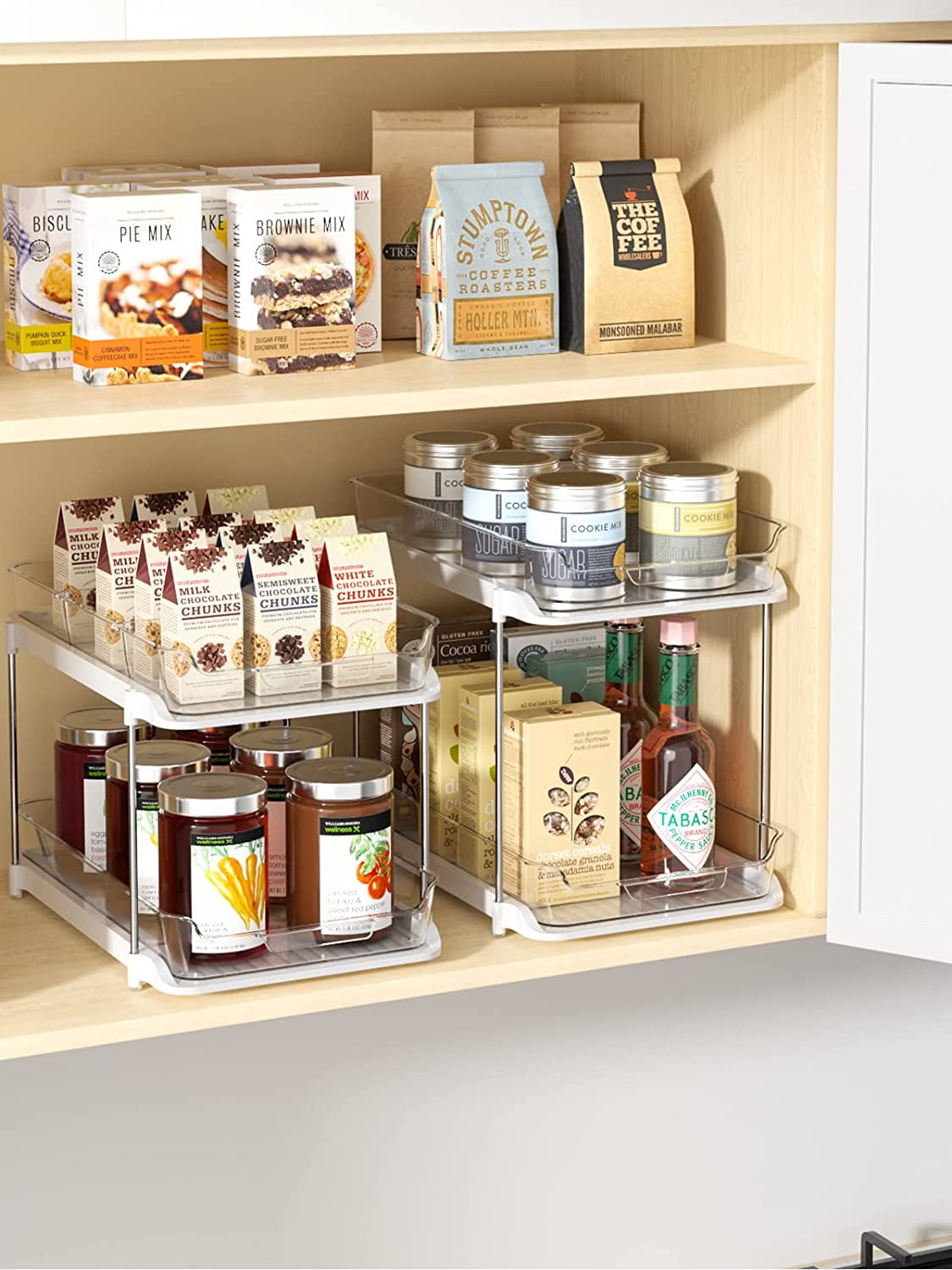 Delamu 2 Sets of 2-Tier Multi-Purpose Bathroom Under Sink Organizers and Storage, Stackable Kitchen Pantry Organization, Pull Out Medicine Cabinet Organizer with 8 Movable Dividers C29