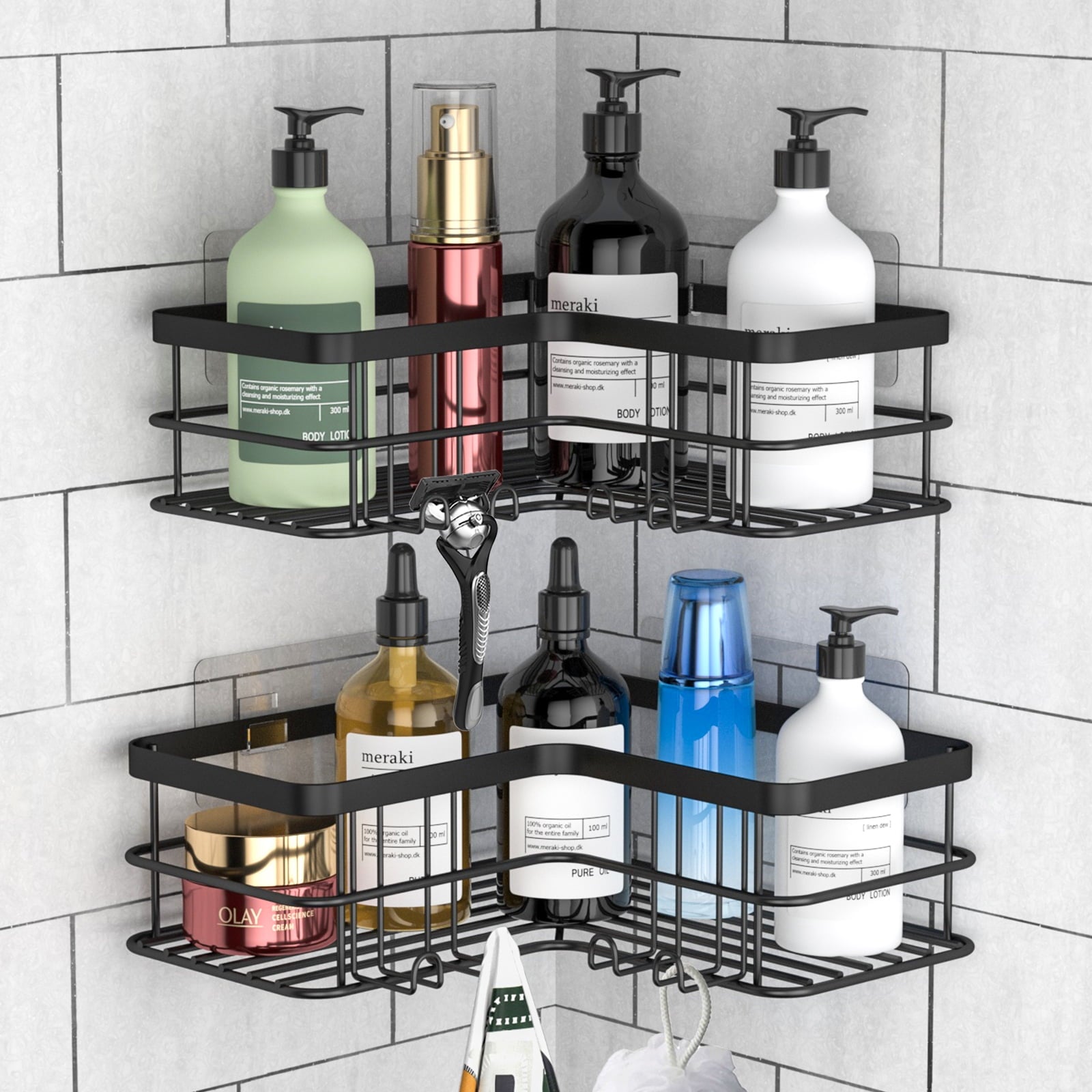 stusgo 2-Shelf Shower Caddy Corner, No Drill Rustproof Stainless Steel Bathroom Shower Organizer Wall Mounted with 8 Hooks,Black