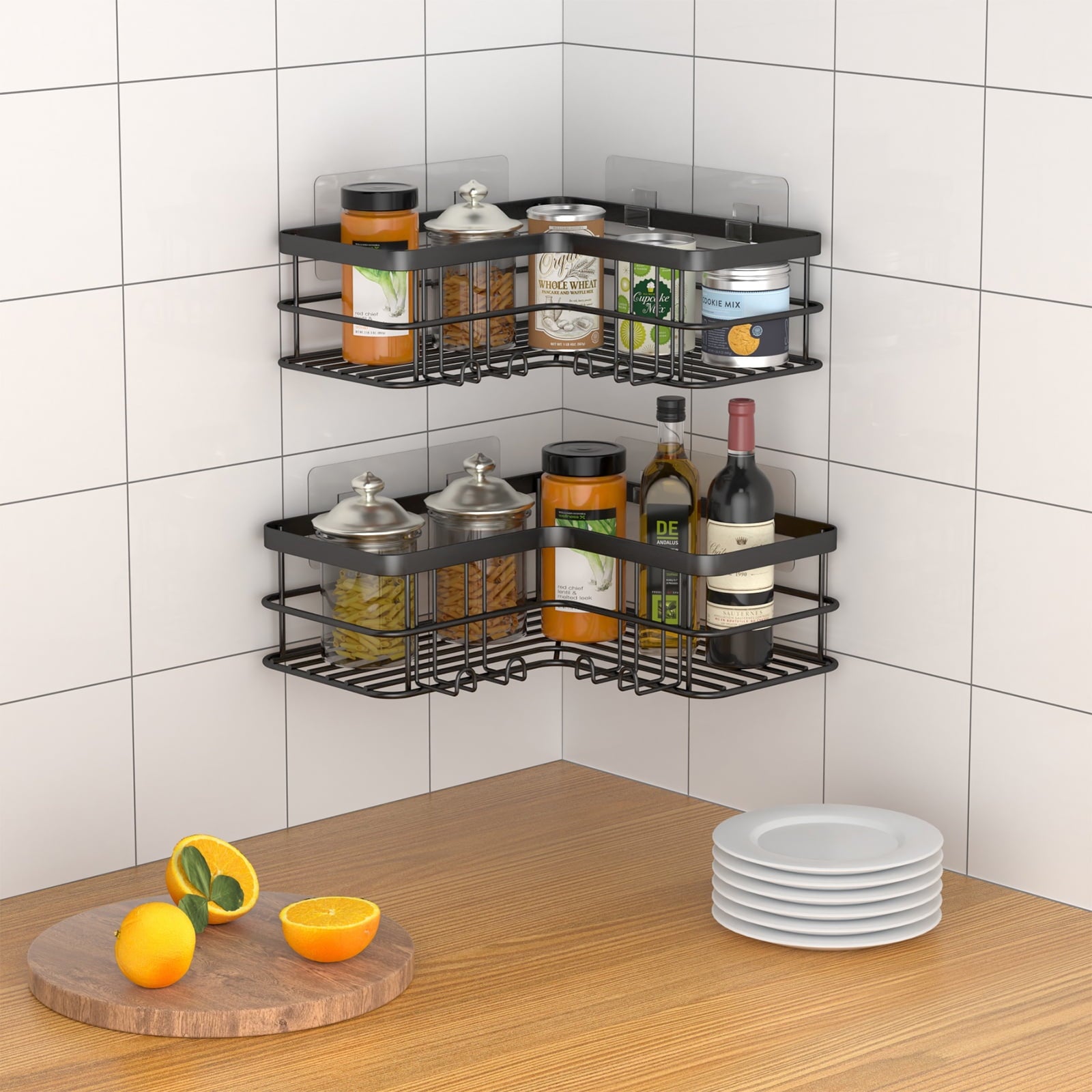 stusgo 2-Shelf Shower Caddy Corner, No Drill Rustproof Stainless Steel Bathroom Shower Organizer Wall Mounted with 8 Hooks,Black