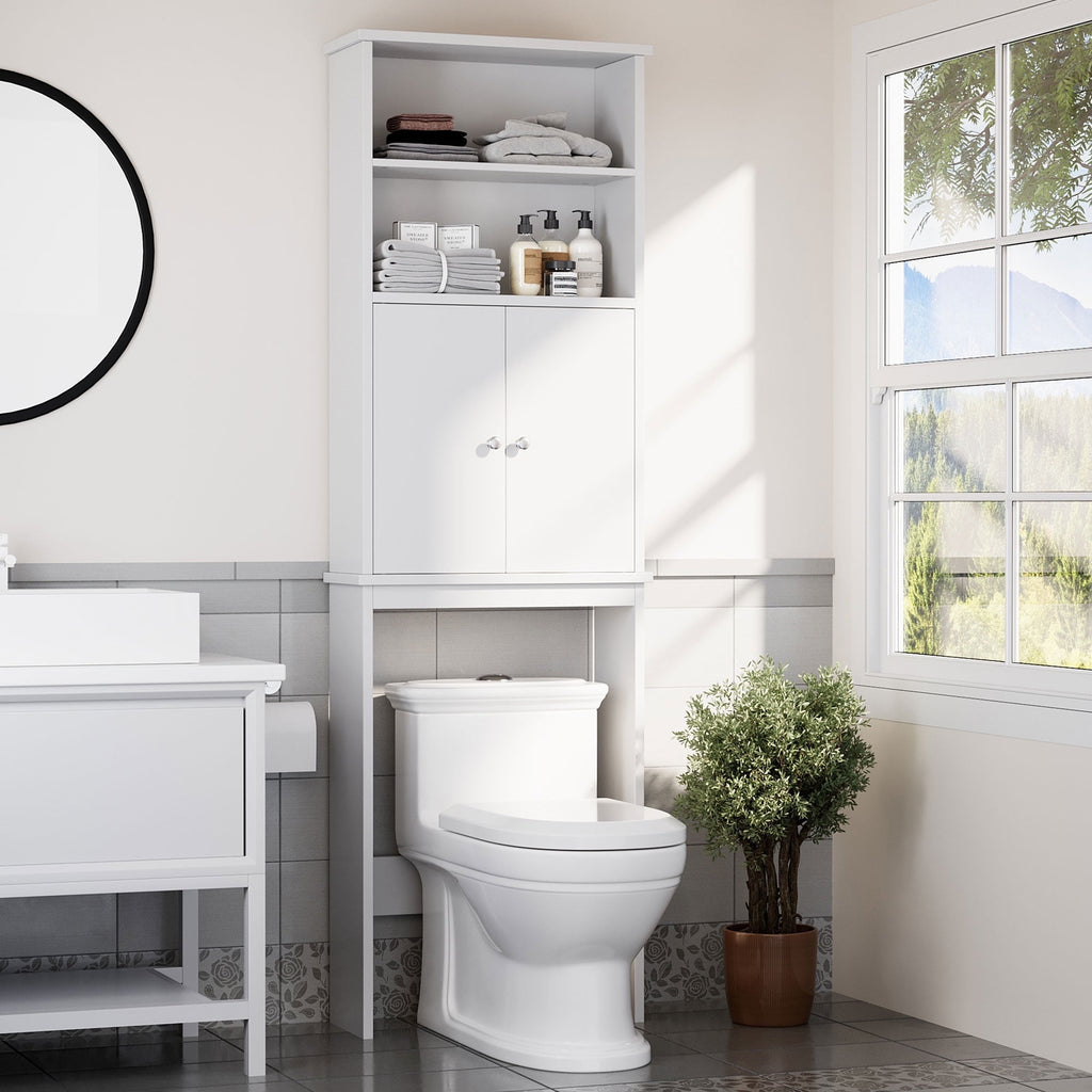 Walsunny Over the Toilet Storage Cabinets Wood Bathroom Organizer Shelf Rack Space Saver with 2 Doors 4 Shelves Anti-Tip Device White