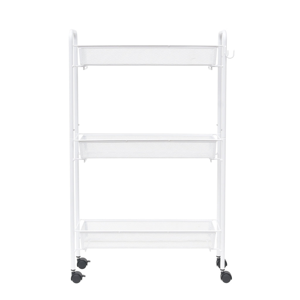 Mainstays 3-Tier Slim Rolling Bathroom Storage Cart with Hooks, White